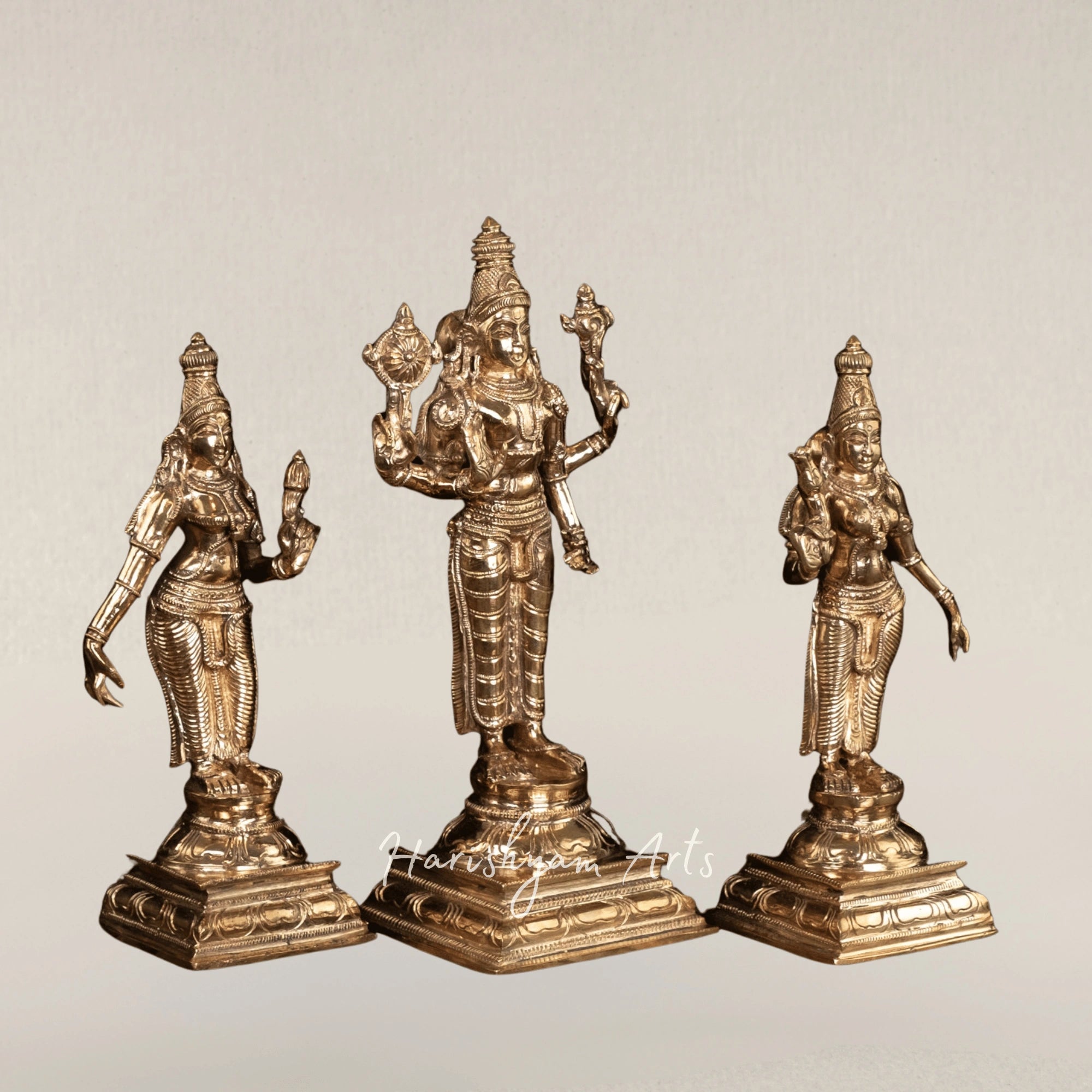 10" Lord Vishnu with Sri Devi and Bhu Devi Panchaloha Bronze Temple Idol