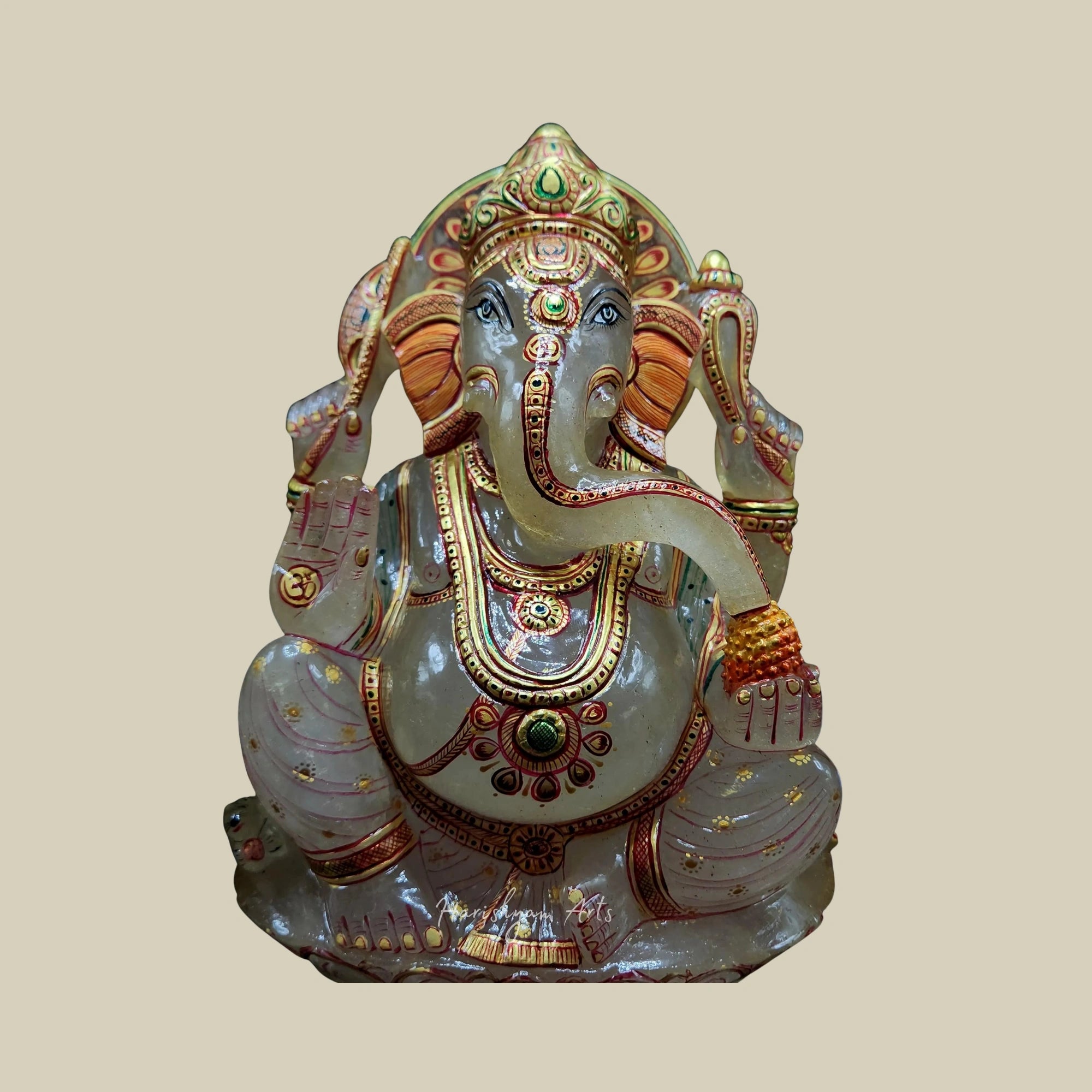 10" Milky Quartz Ganesh Statue Gold Foil Painted Ganpati Idol for Prosperity and Blessings
