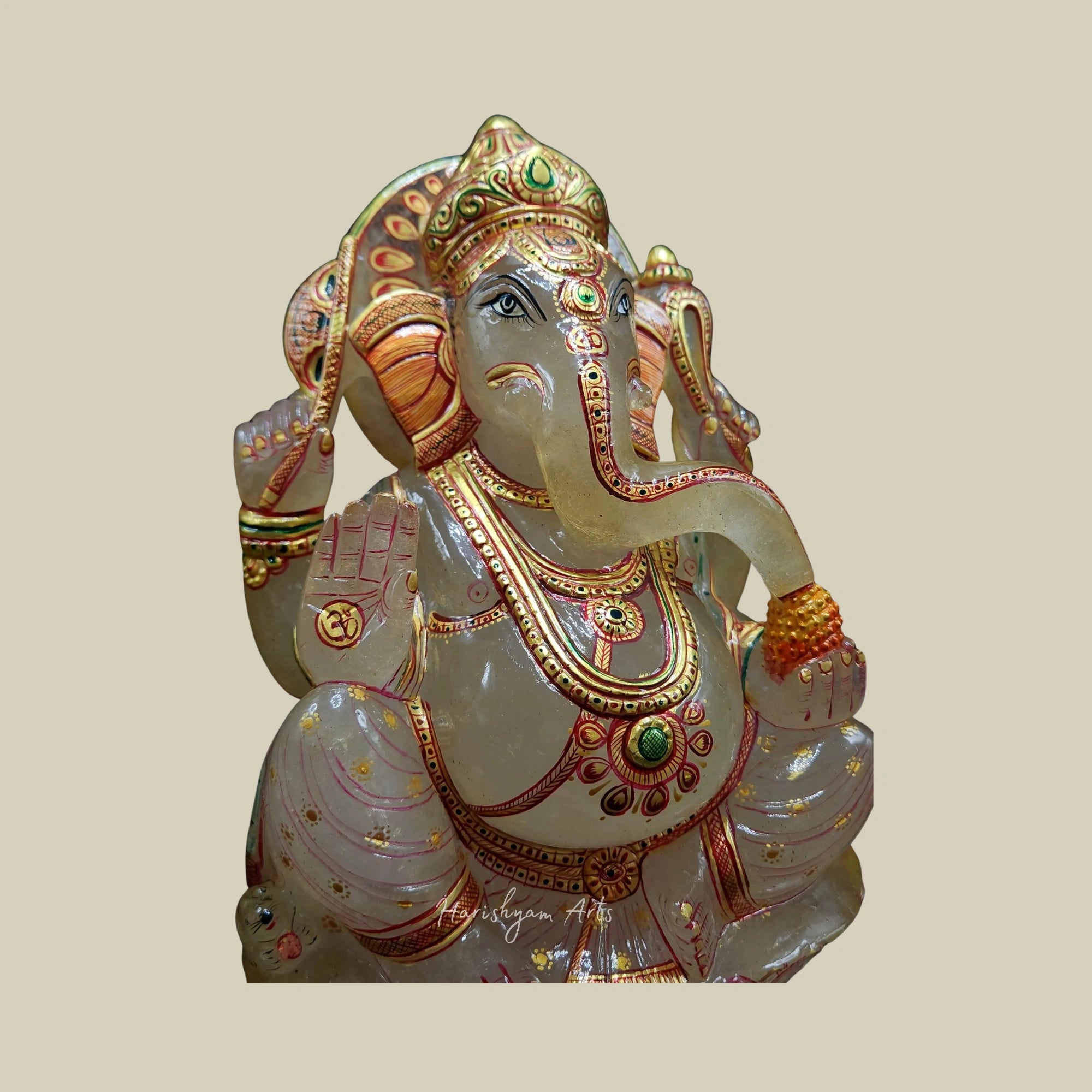 10" Milky Quartz Ganesh Statue Gold Foil Painted Ganpati Idol for Prosperity and Blessings