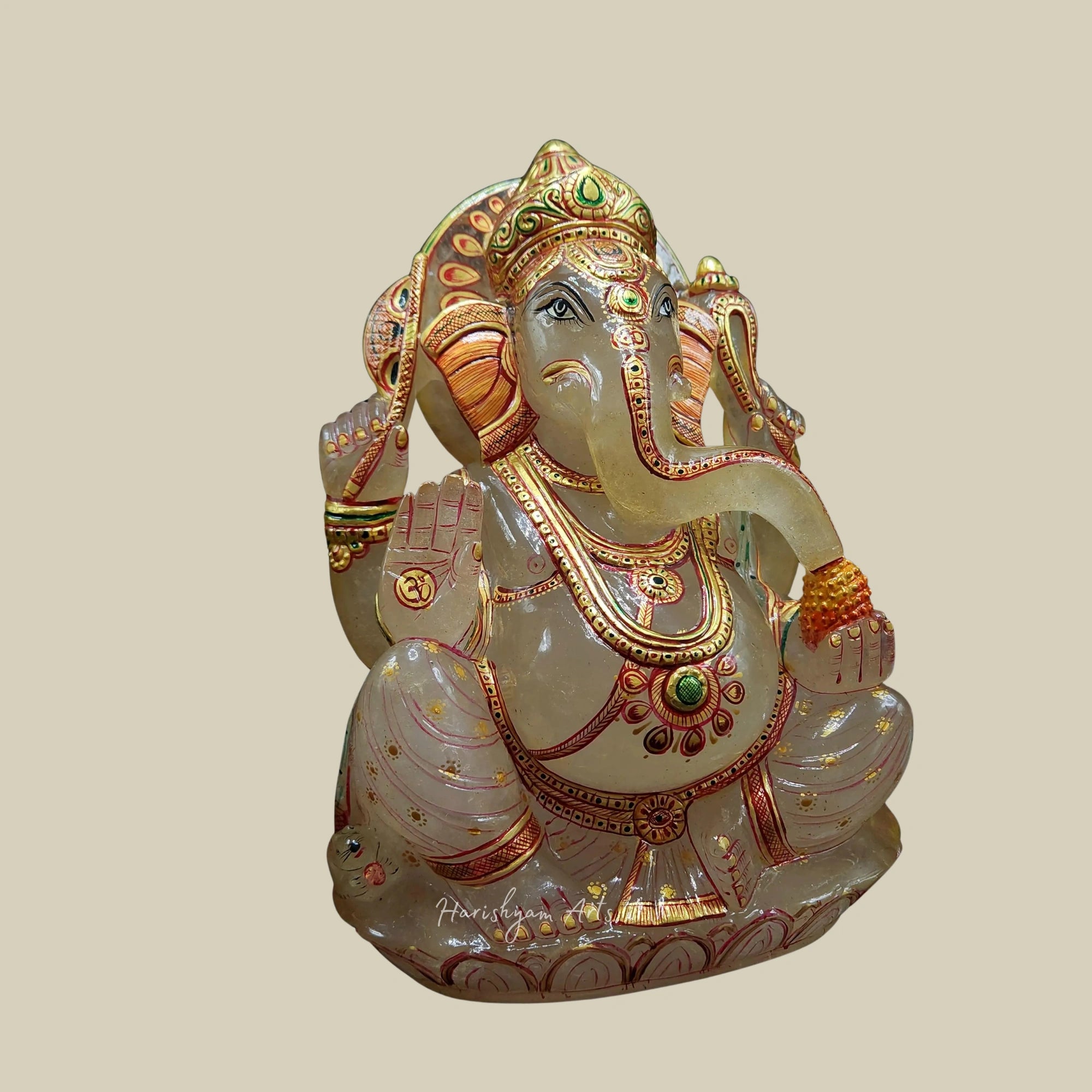 10" Milky Quartz Ganesh Statue Gold Foil Painted Ganpati Idol for Prosperity and Blessings