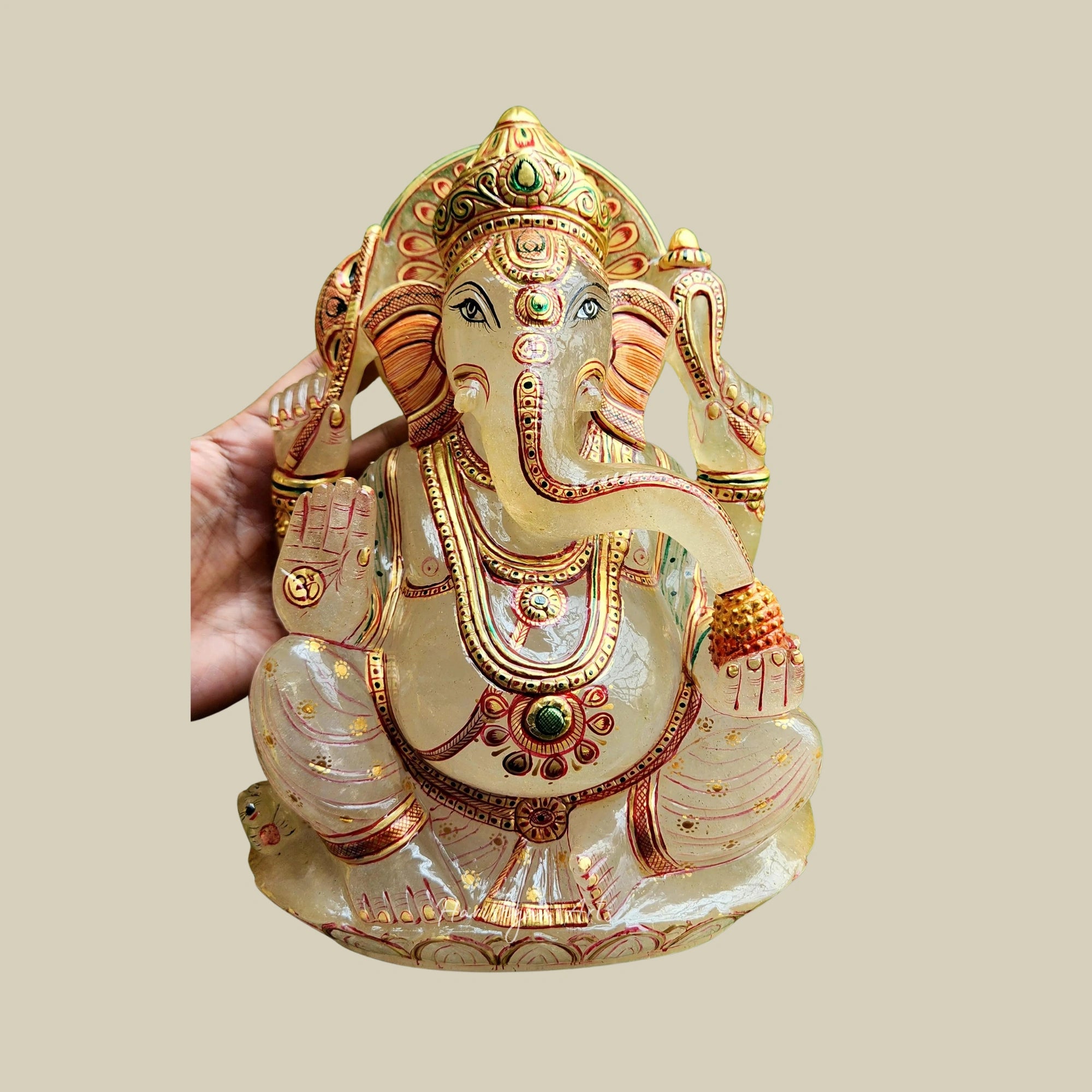 10" Milky Quartz Ganesh Statue Gold Foil Painted Ganpati Idol for Prosperity and Blessings