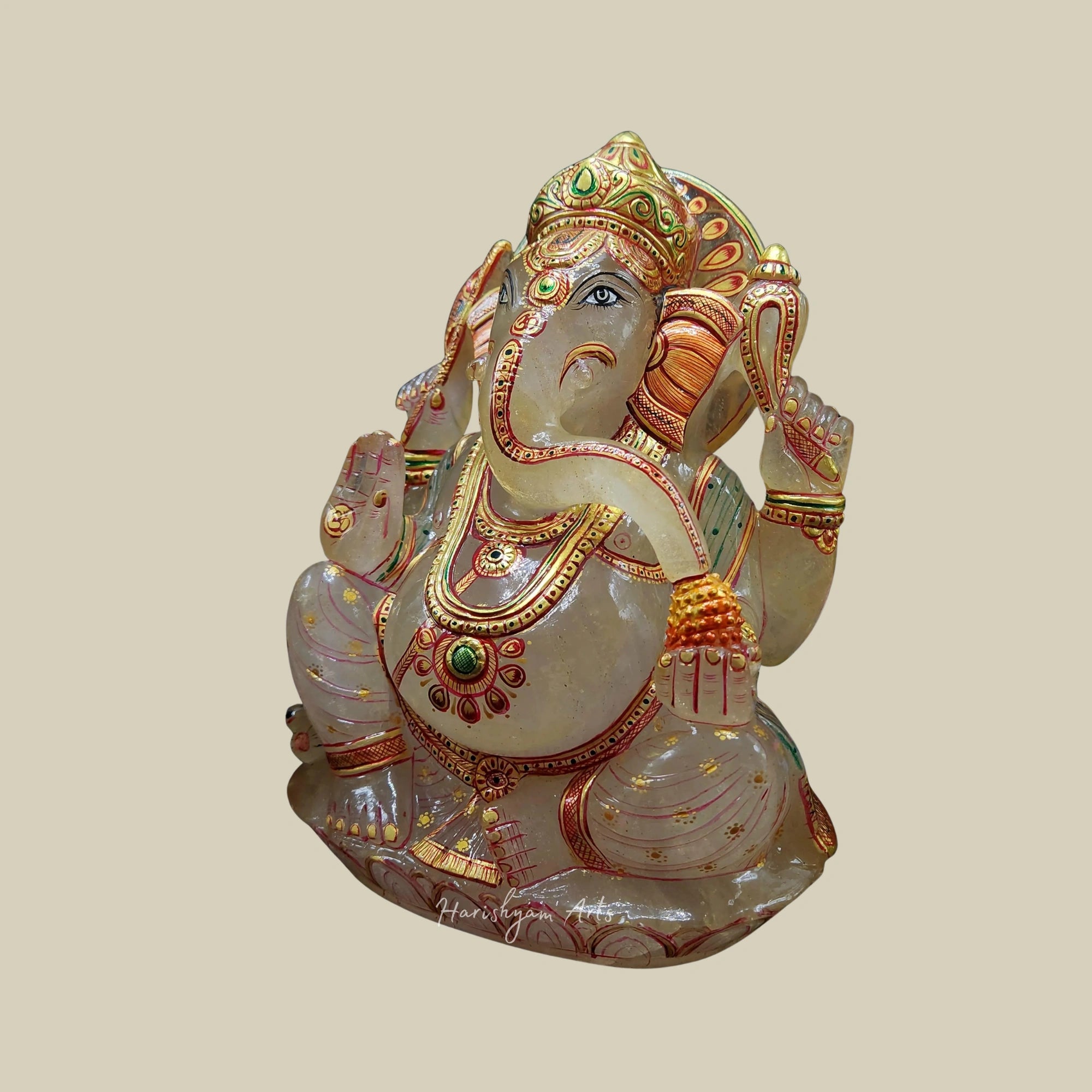 10" Milky Quartz Ganesh Statue Gold Foil Painted Ganpati Idol for Prosperity and Blessings