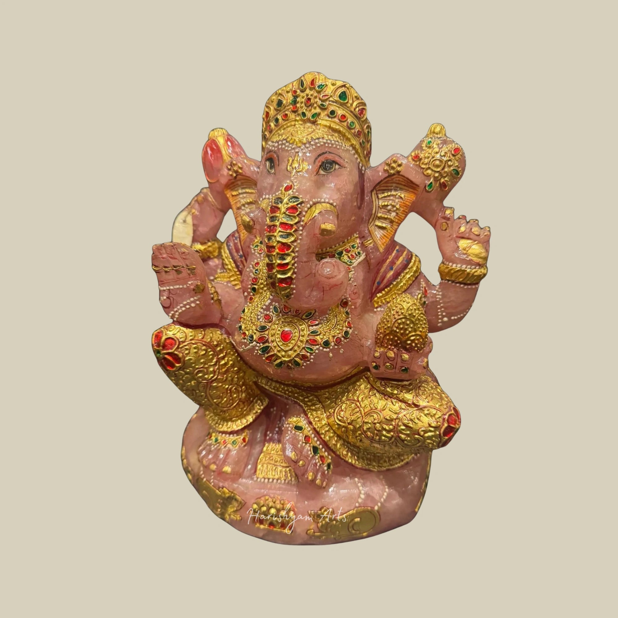 10" Rose Ganesha Figurine Handmade Crystal Ganesh Murti for Home Decor Gift