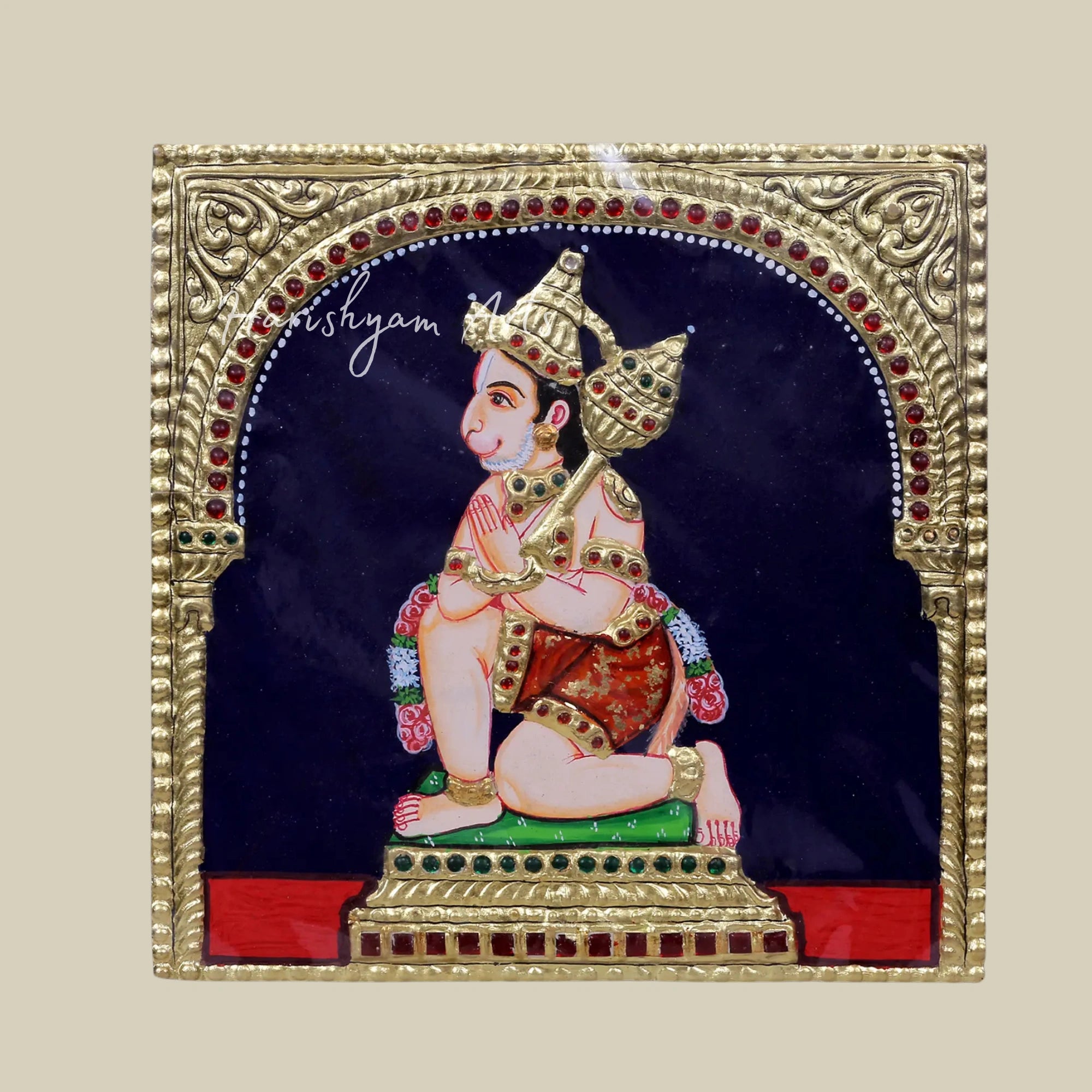 10" Seated Lord Hanuman in Namaskar Pose Tanjore Artwork