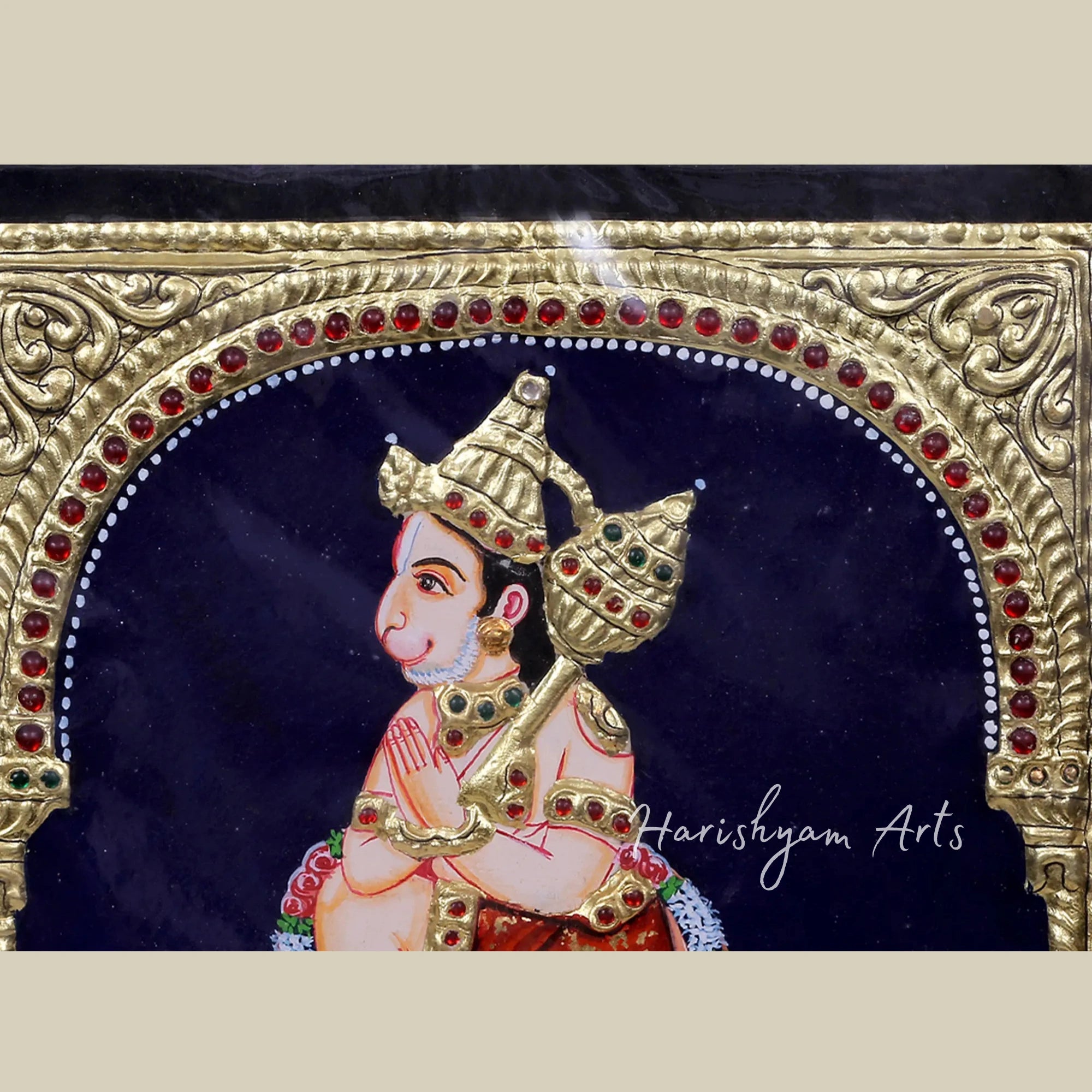 10" Seated Lord Hanuman in Namaskar Pose Tanjore Artwork