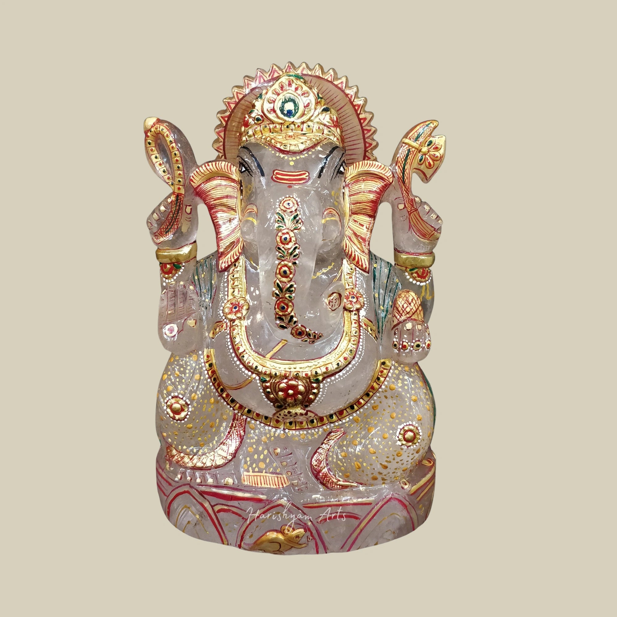 10" Sphatik Crystal Ganesha Statue Hand Carved Quartz Ganpati Idol for Pooja Decor
