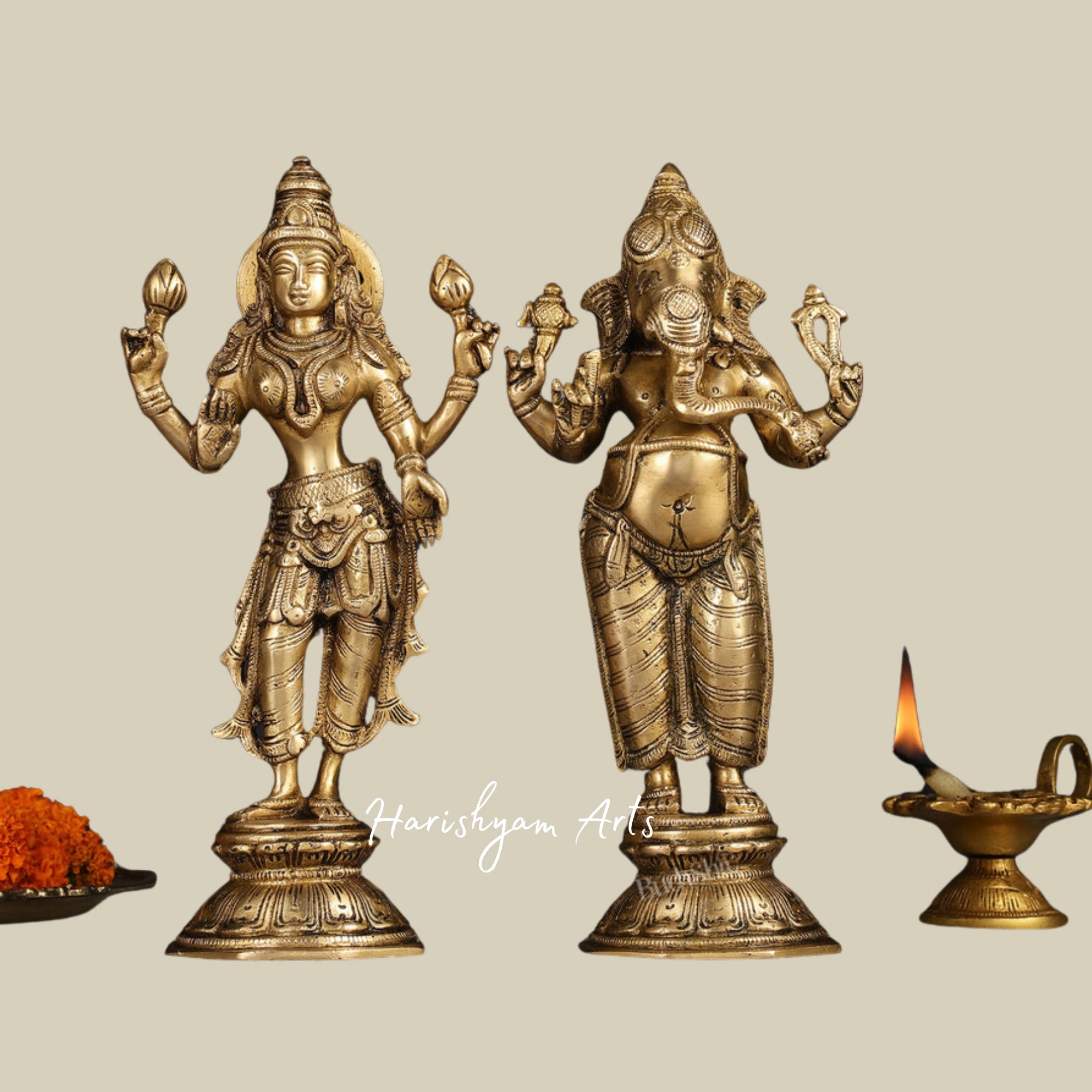 10" Standing Ganesh, Lakshmi, and Saraswati Brass Statue Trio for Home Temple