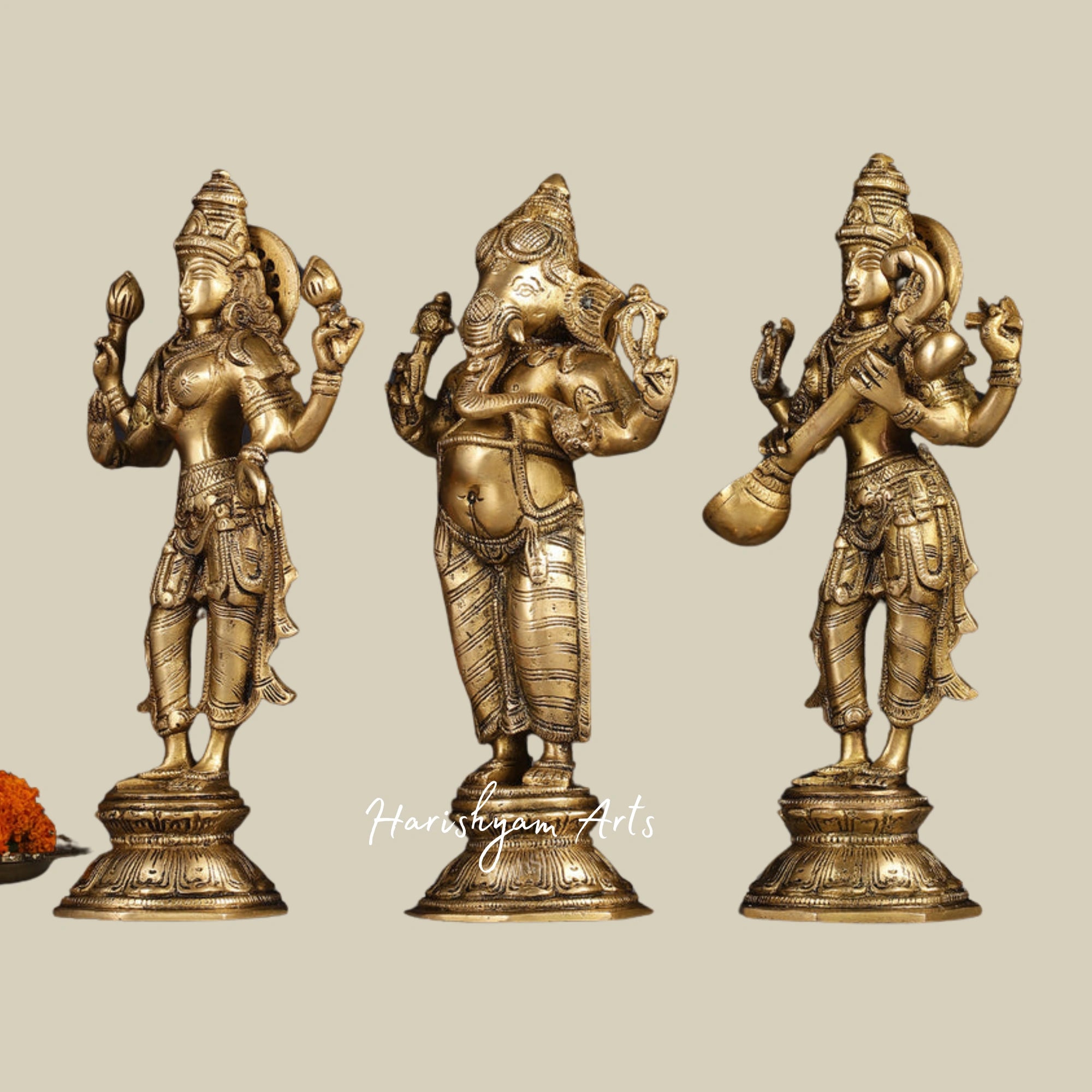 10" Standing Ganesh, Lakshmi, and Saraswati Brass Statue Trio for Home Temple1