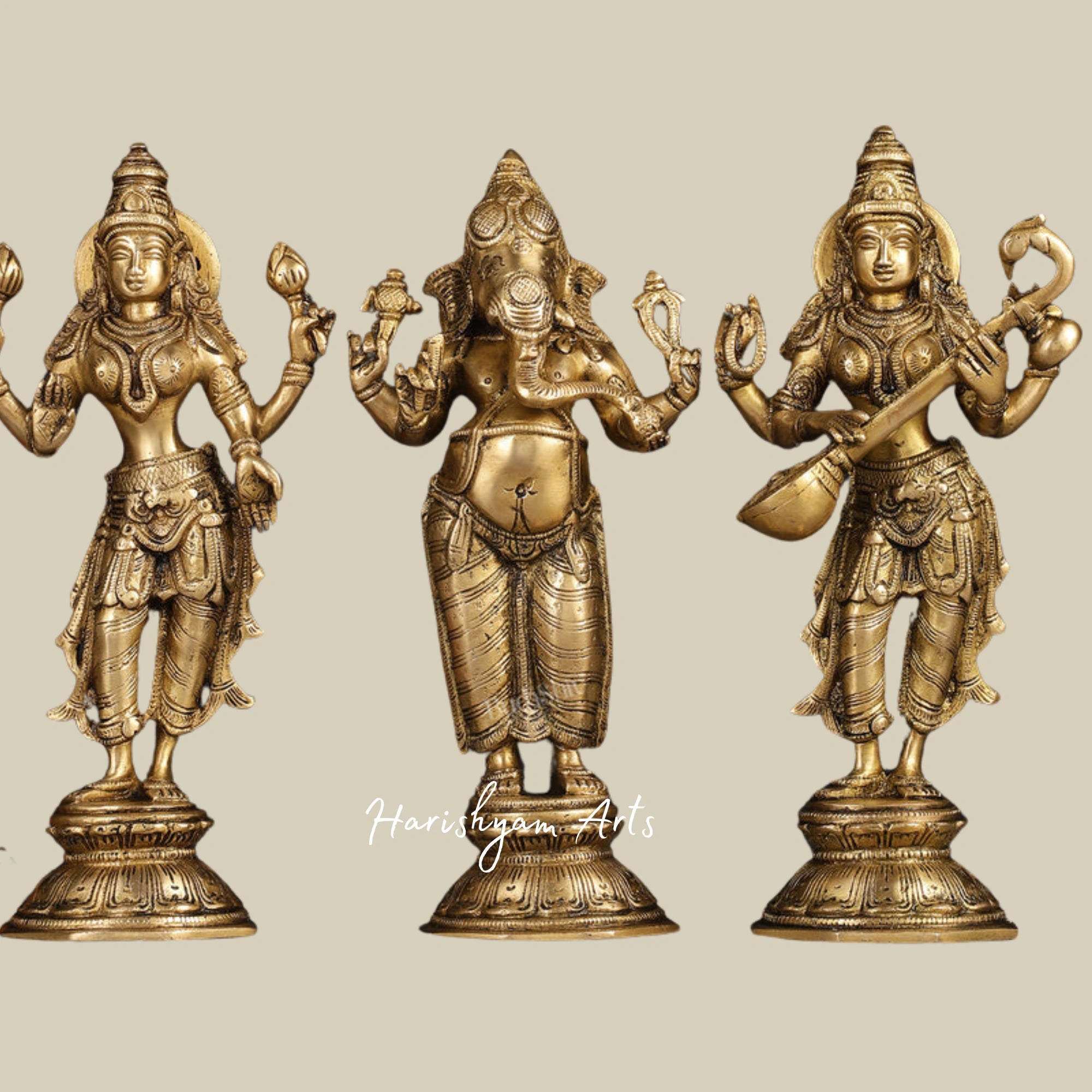 10" Standing Ganesh, Lakshmi, and Saraswati Brass Statue Trio for Home Temple3