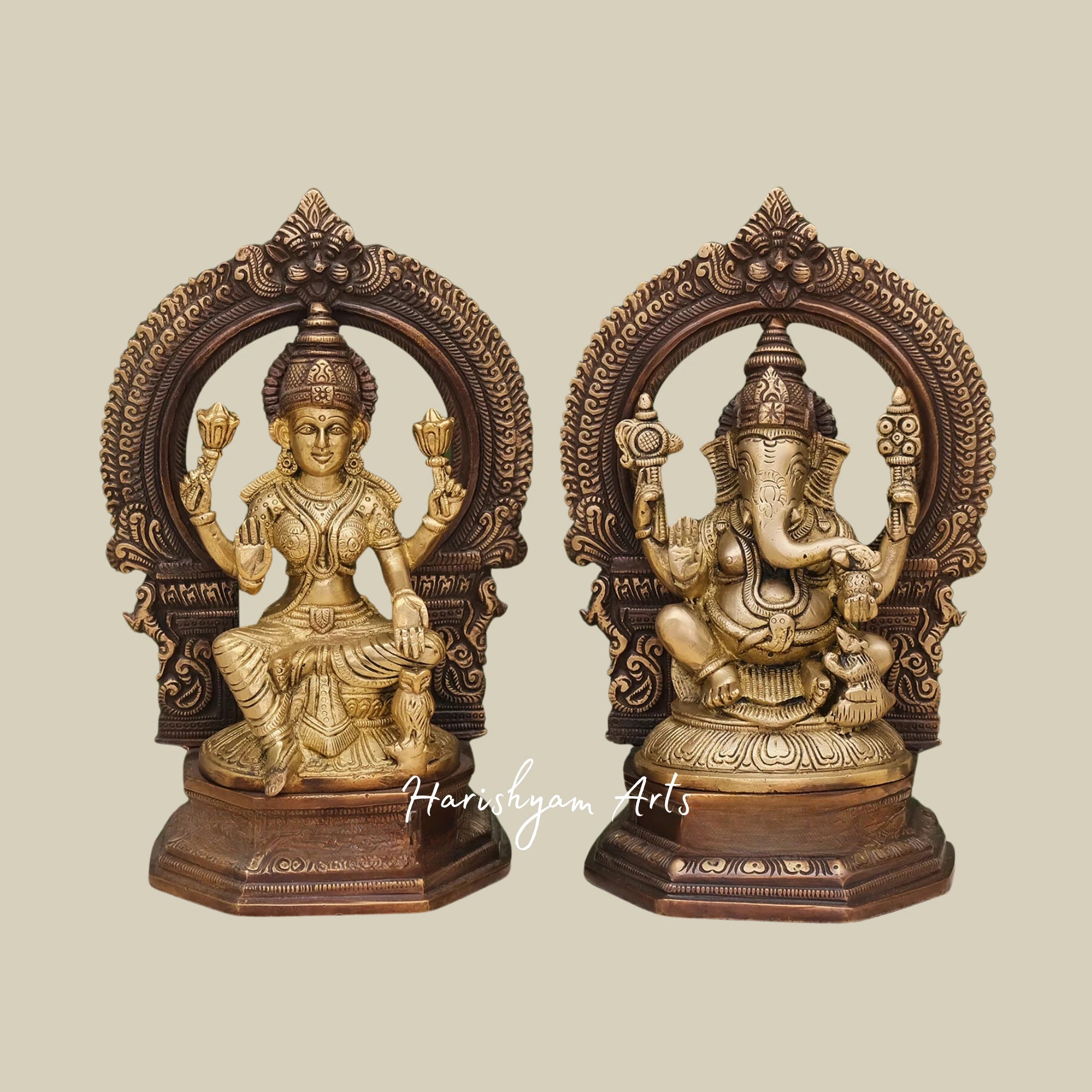 10" Traditional Brass Statue of Ganesh, Lakshmi, and Saraswati for Pooja Decor1