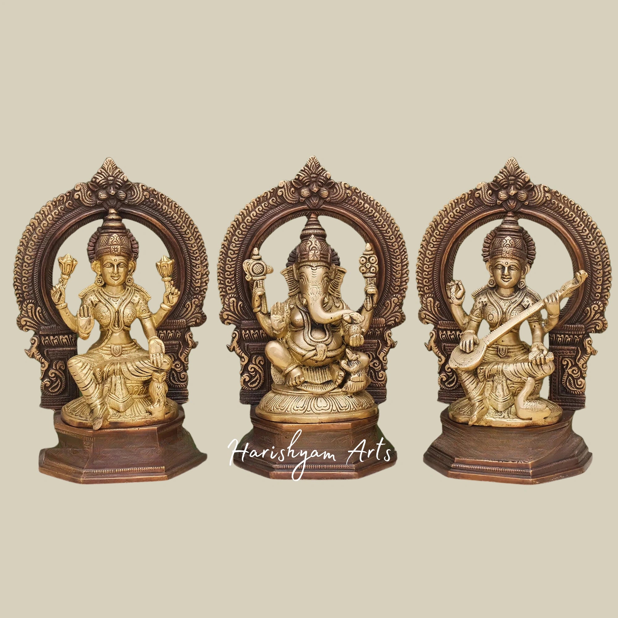 10" Traditional Brass Statue of Ganesh, Lakshmi, and Saraswati for Pooja Decor3