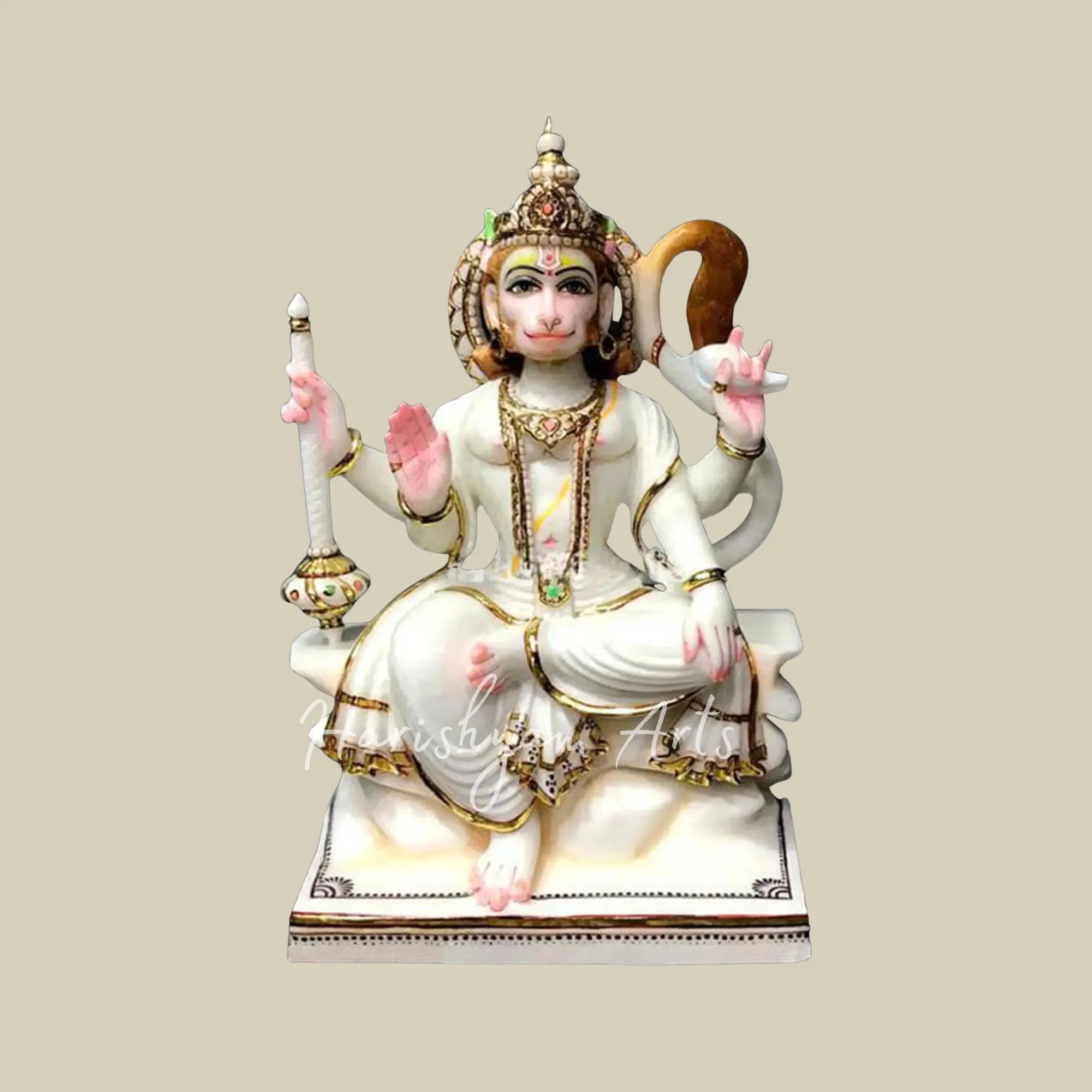 24" Vietnam White Marble Hanuman Ji Statue with Golden Details and Traditional Mace for Home Temple