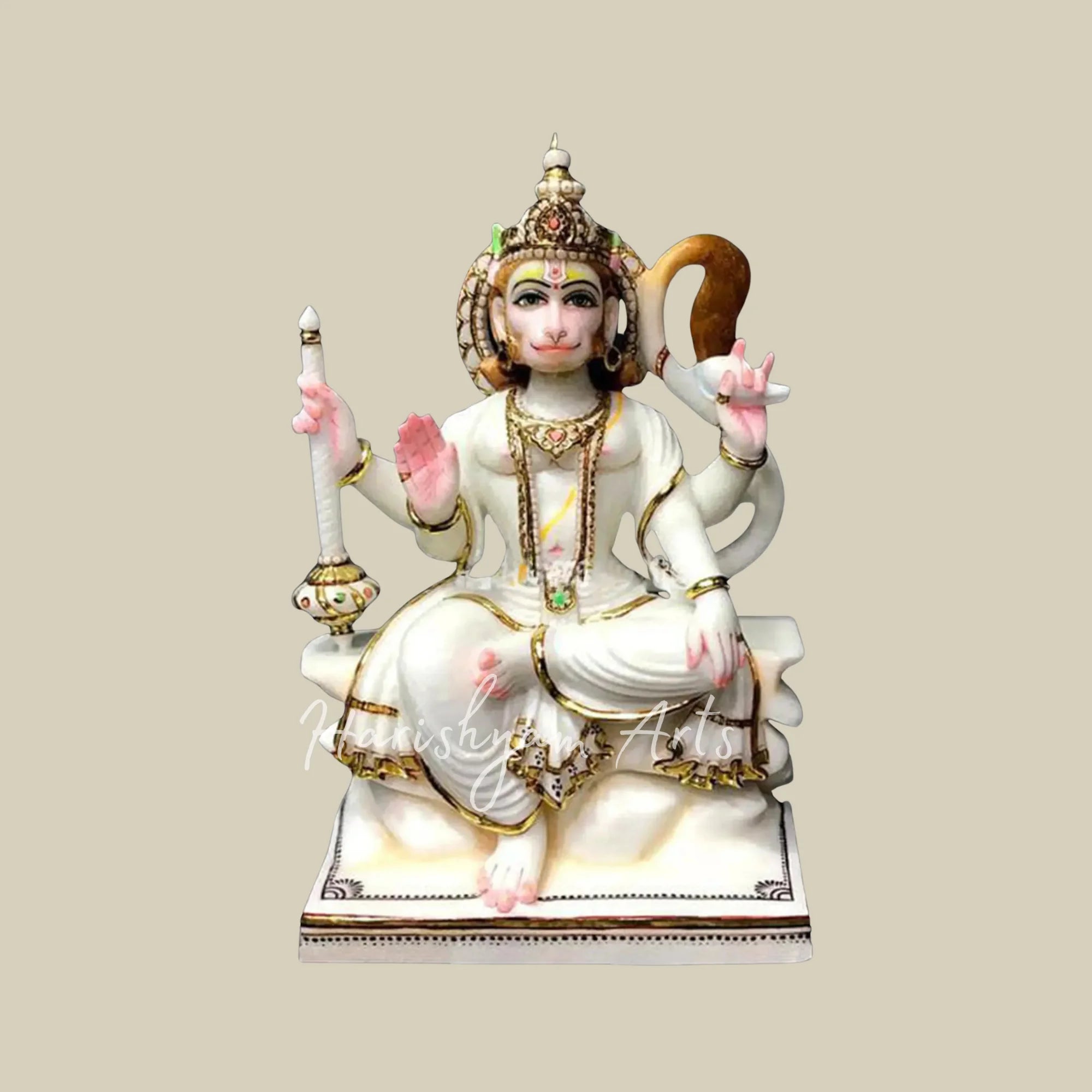24" Vietnam White Marble Hanuman Ji Statue with Golden Details and Traditional Mace for Home Temple