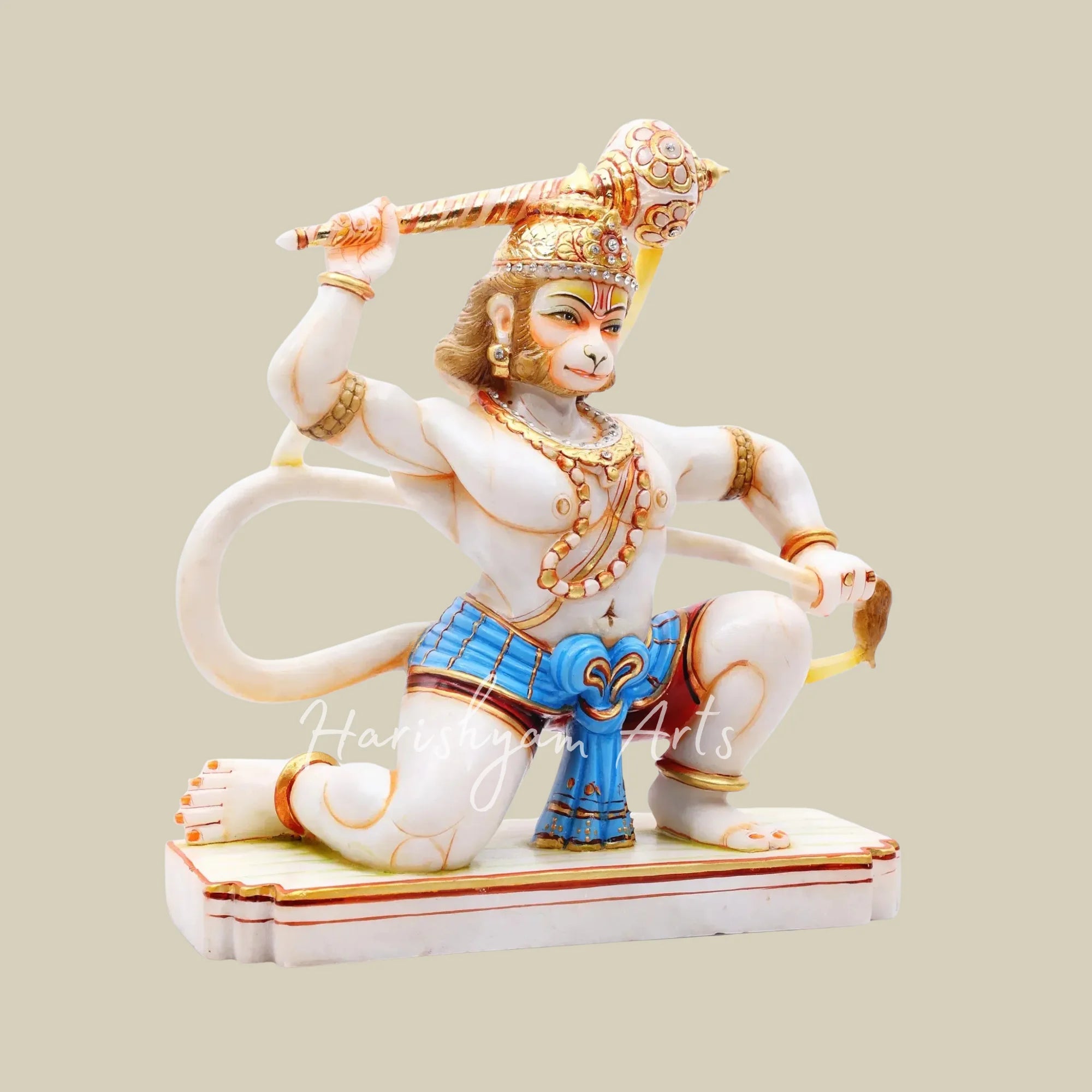 10" White Marble Hanuman Ji Statue in Warrior Pose with Golden Gada and Blue Dhoti