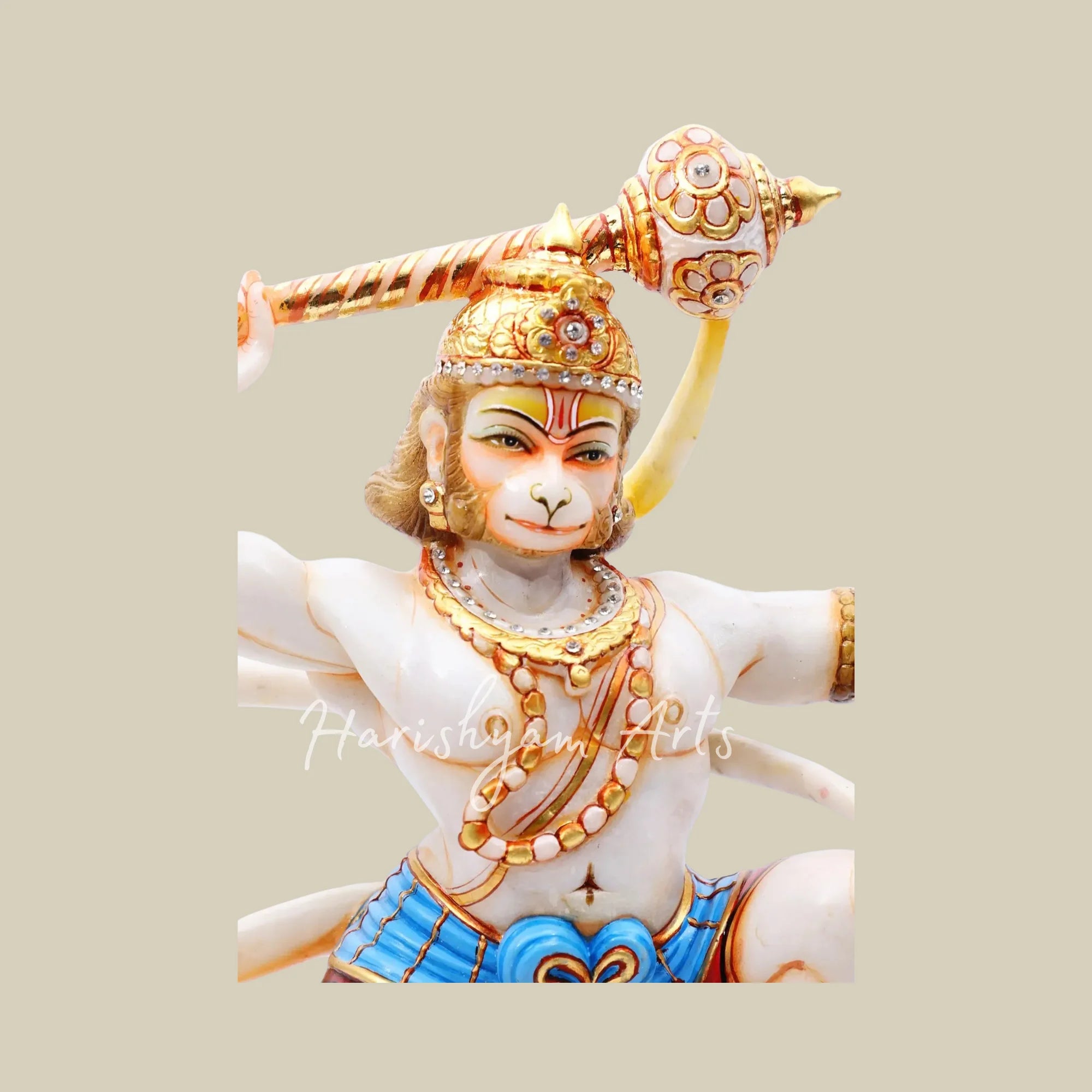 10" White Marble Hanuman Ji Statue in Warrior Pose with Golden Gada and Blue Dhoti