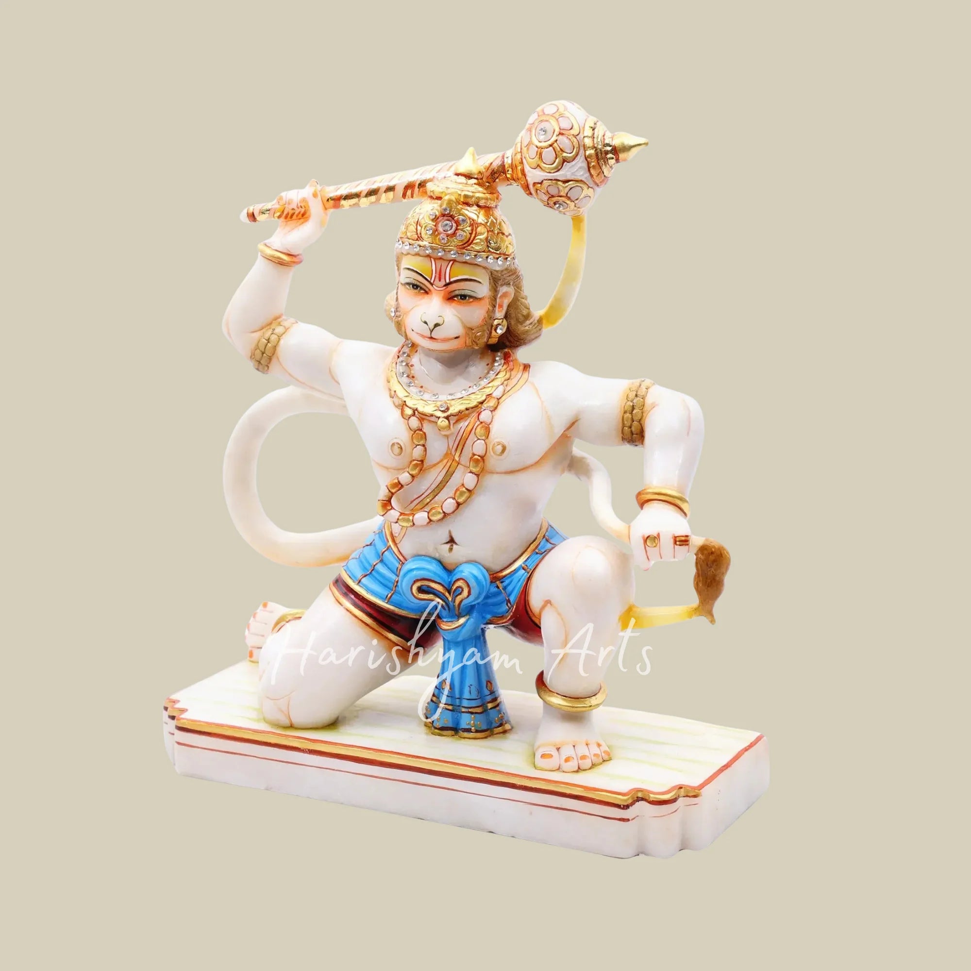 10" White Marble Hanuman Ji Statue in Warrior Pose with Golden Gada and Blue Dhoti