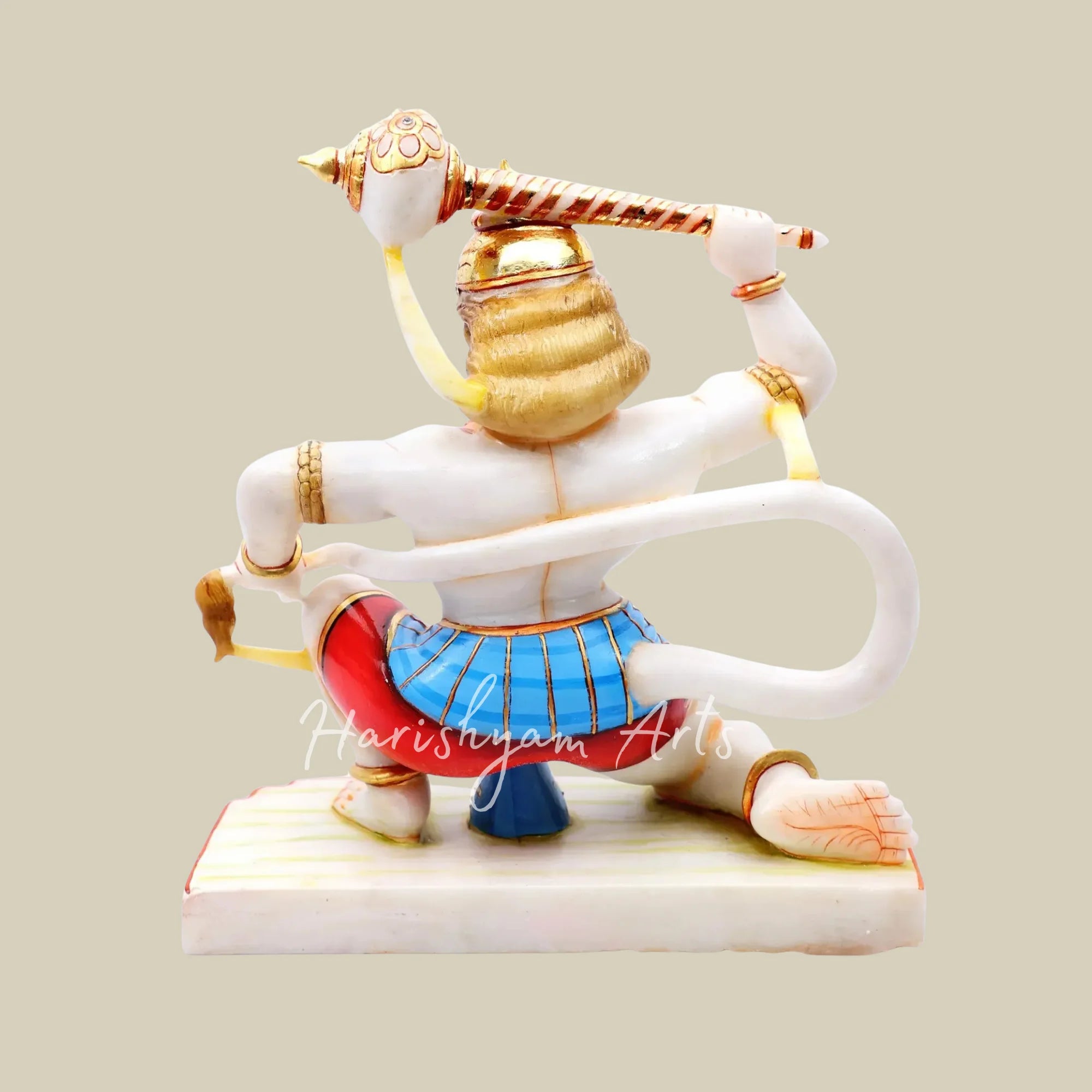 10" White Marble Hanuman Ji Statue in Warrior Pose with Golden Gada and Blue Dhoti