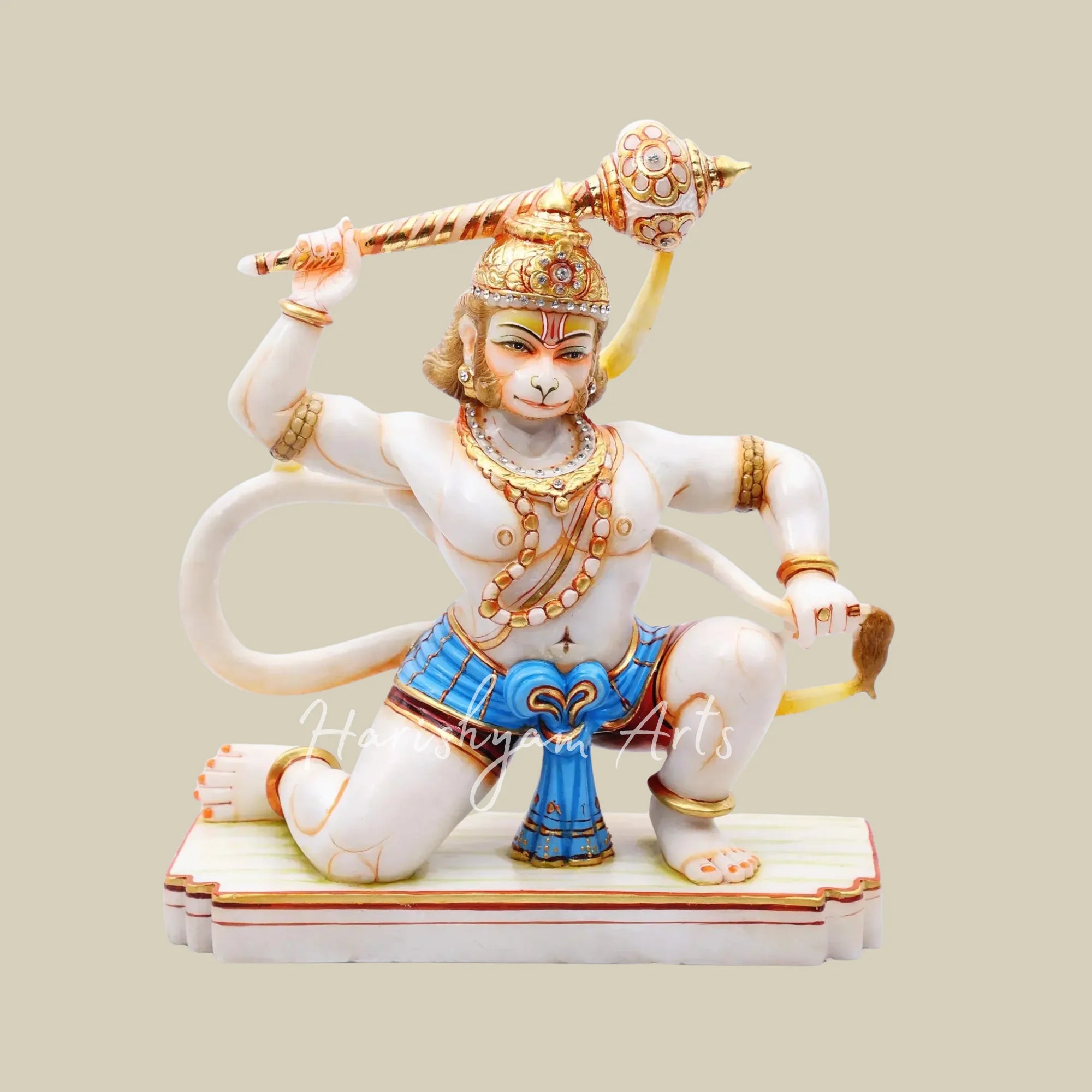 10" White Marble Hanuman Ji Statue in Warrior Pose with Golden Gada and Blue Dhoti