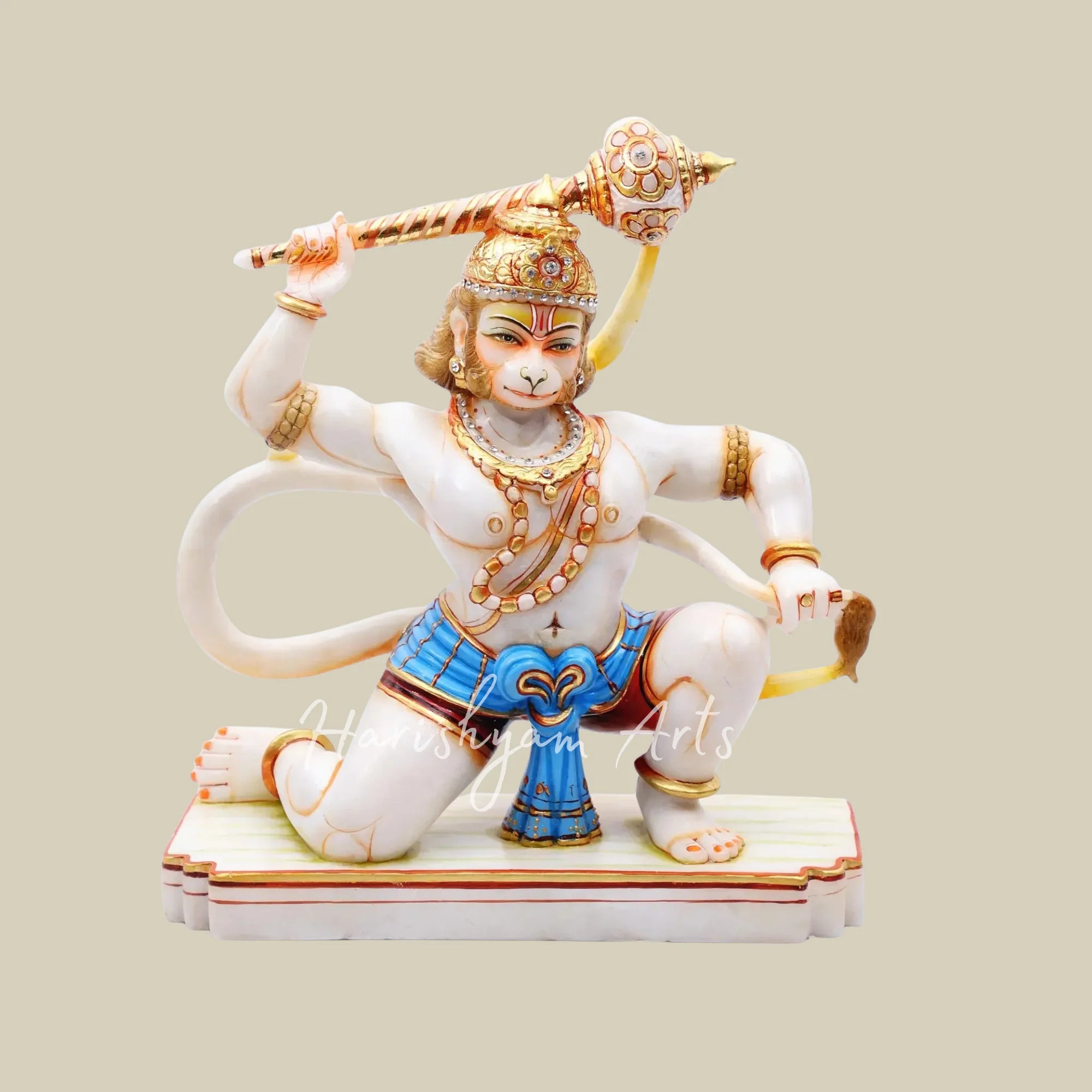 10" White Marble Hanuman Ji Statue in Warrior Pose with Golden Gada and Blue Dhoti