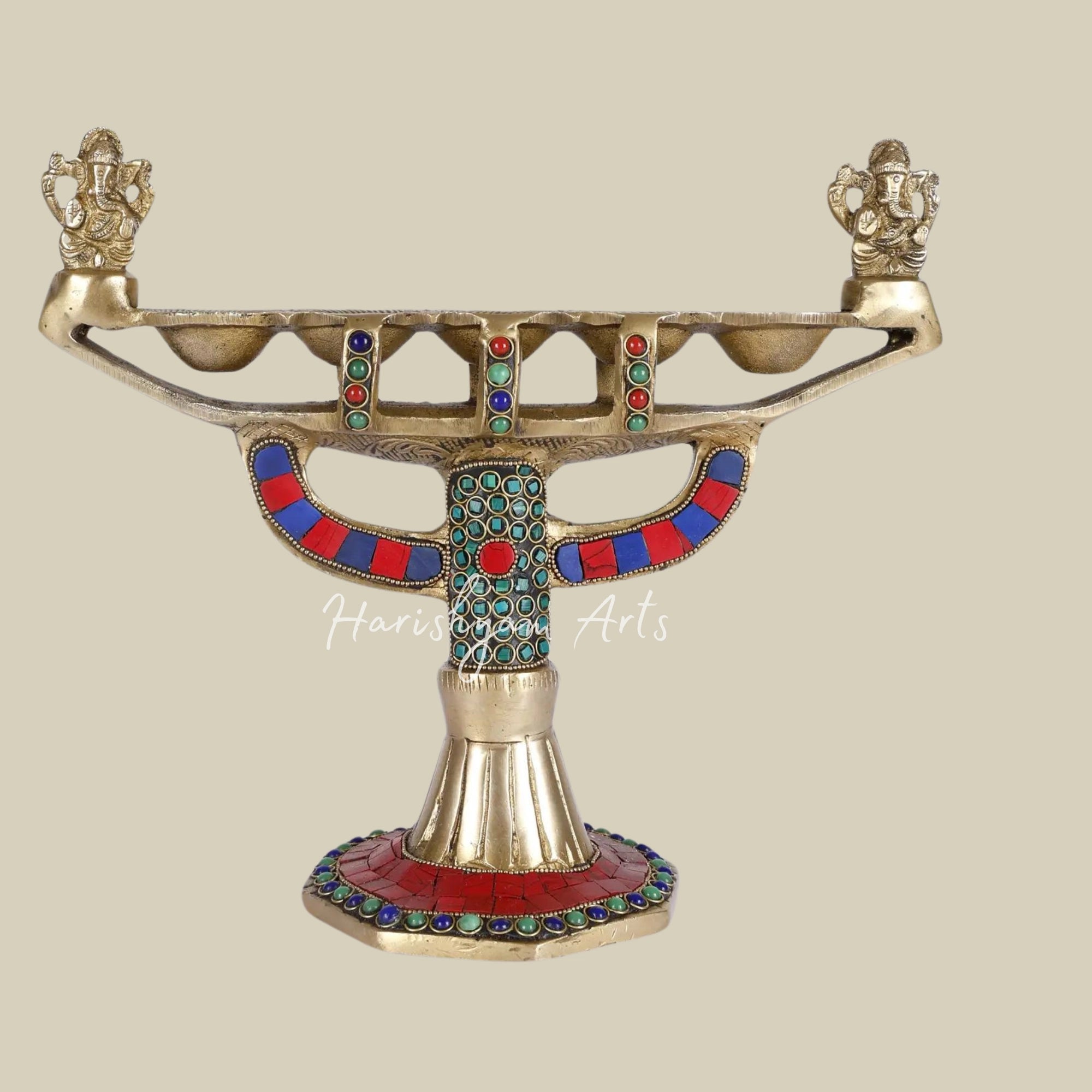 10" Designer Brass Ganesha Lamp with Inlay Work