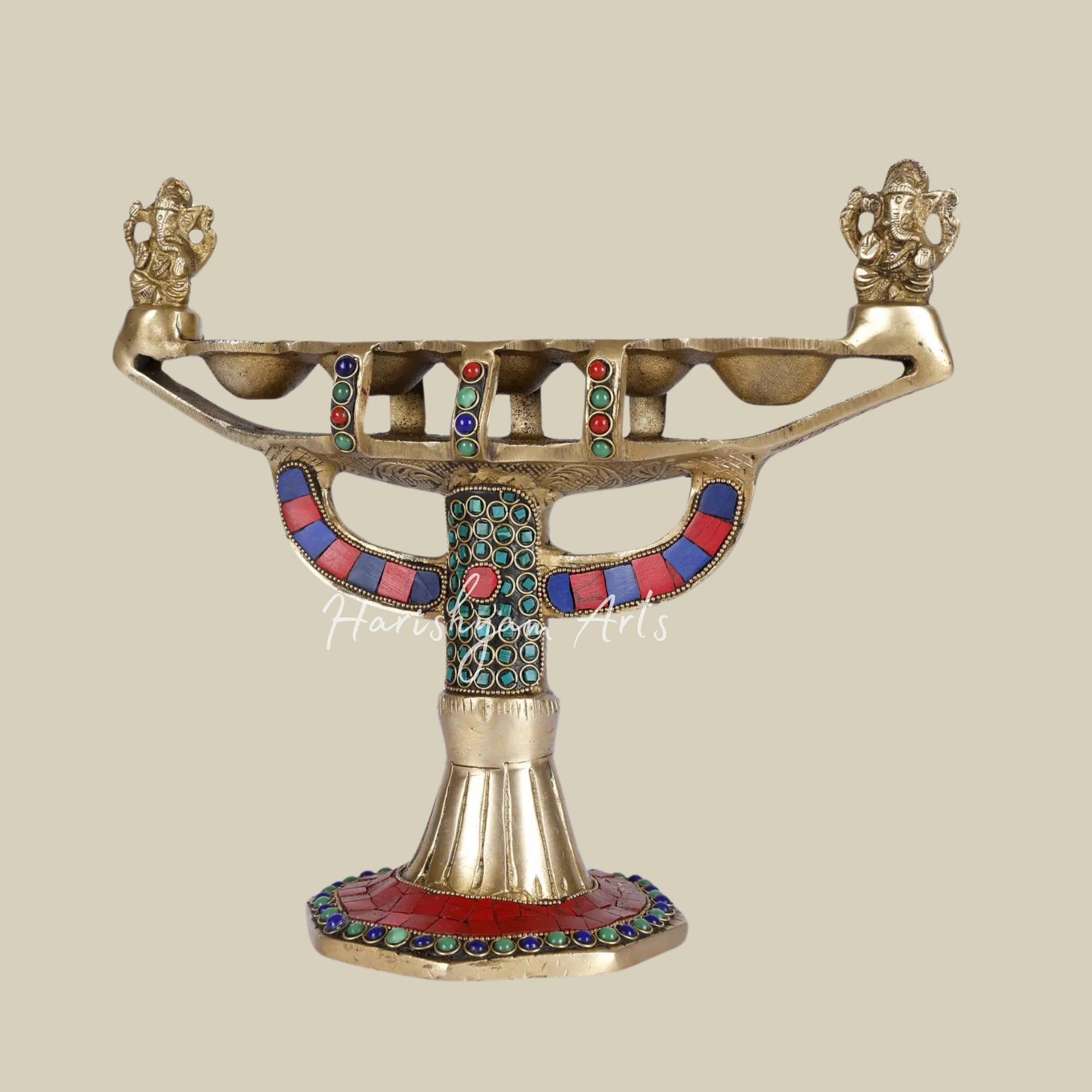 10" Designer Brass Ganesha Lamp with Inlay Work2