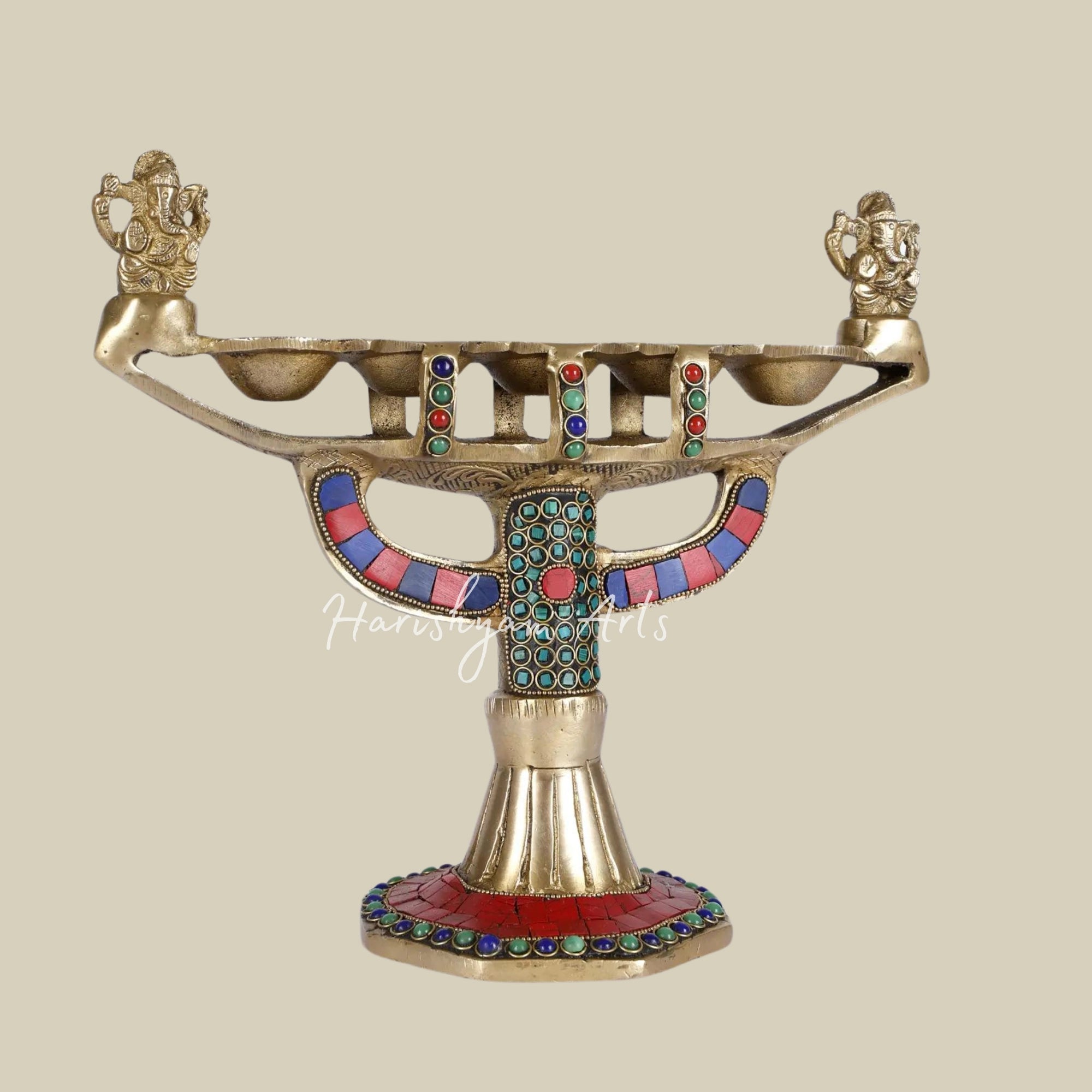 10" Designer Brass Ganesha Lamp with Inlay Work3