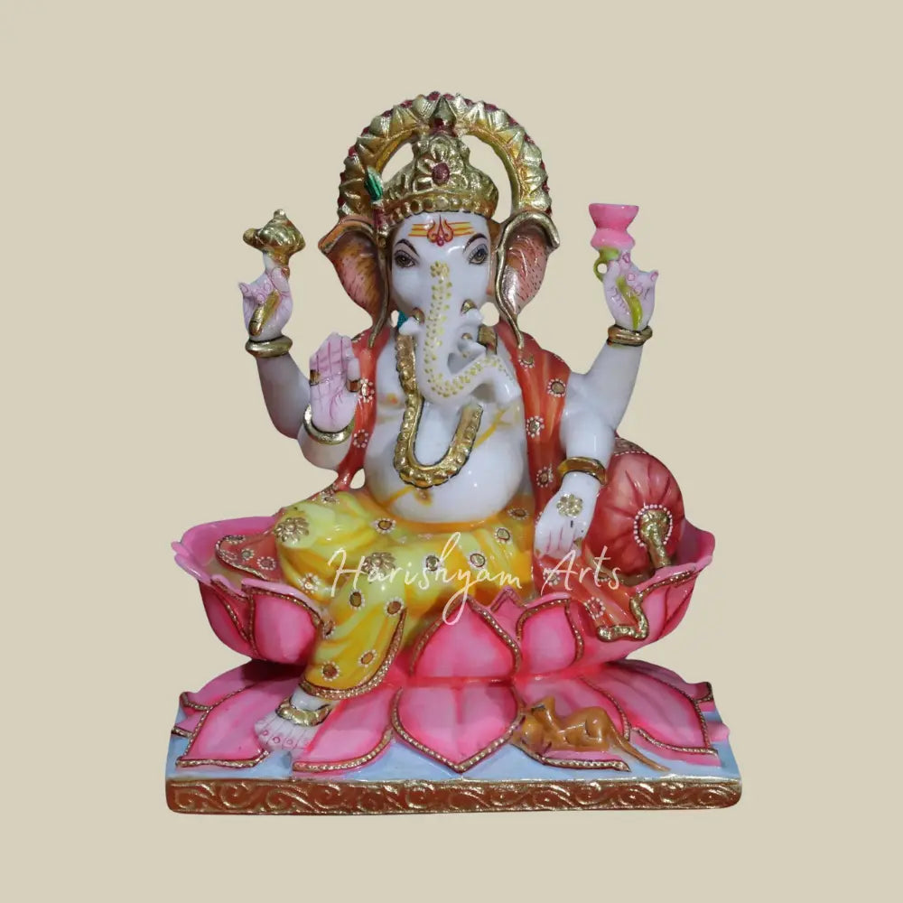 10" Decorative Ganesha With Gold Ornaments Marble Moorti