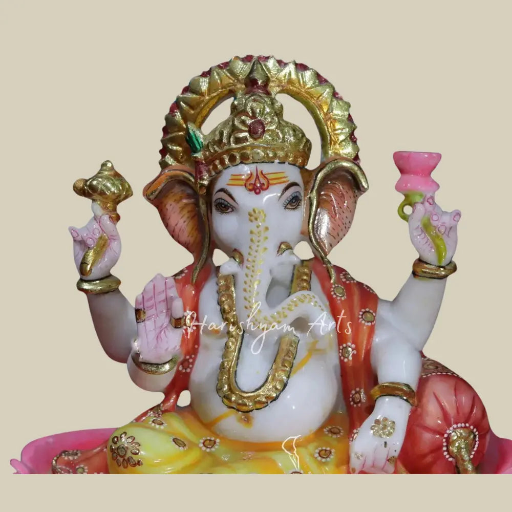 10" Decorative Ganesha With Gold Ornaments Marble Moorti