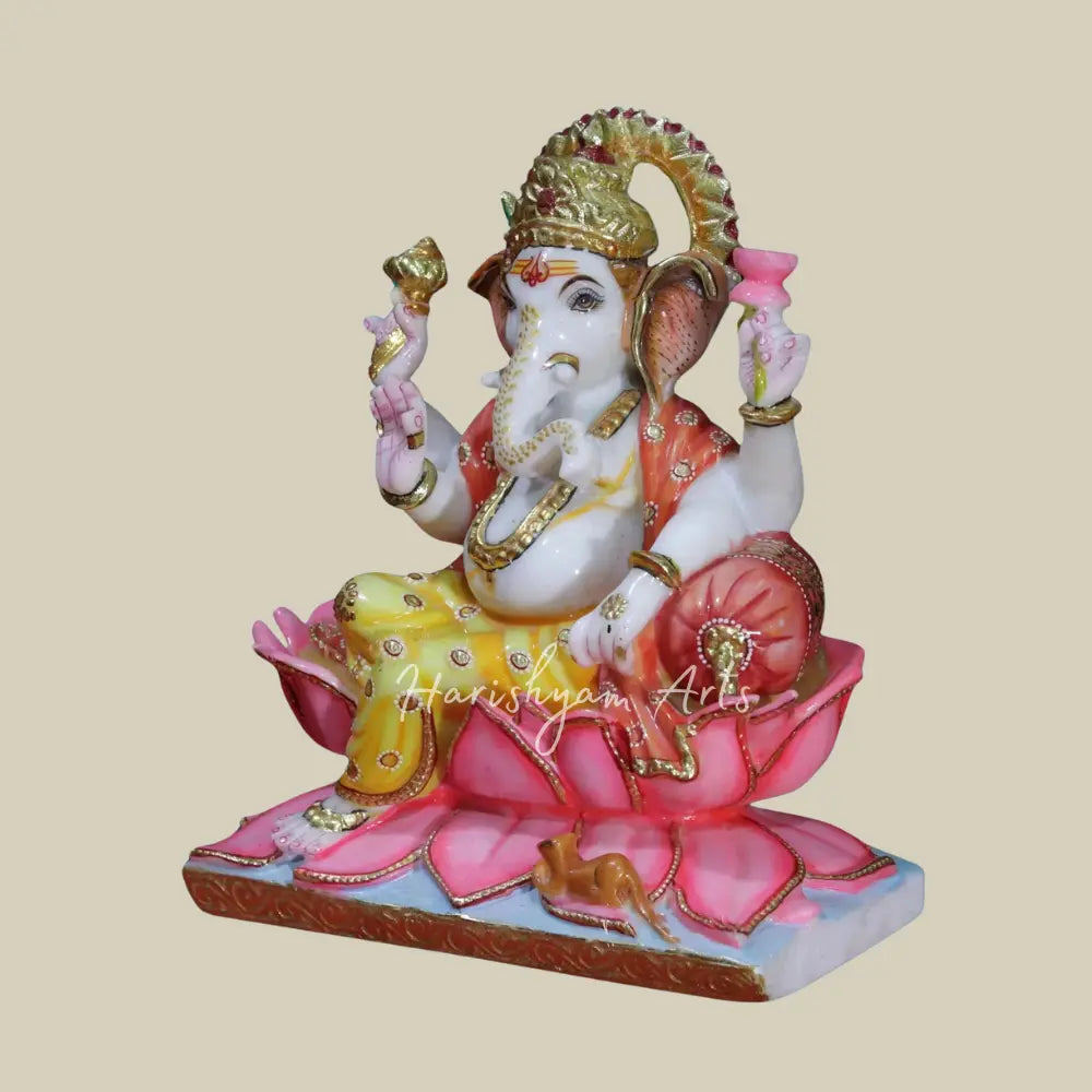 10" Decorative Ganesha With Gold Ornaments Marble Moorti