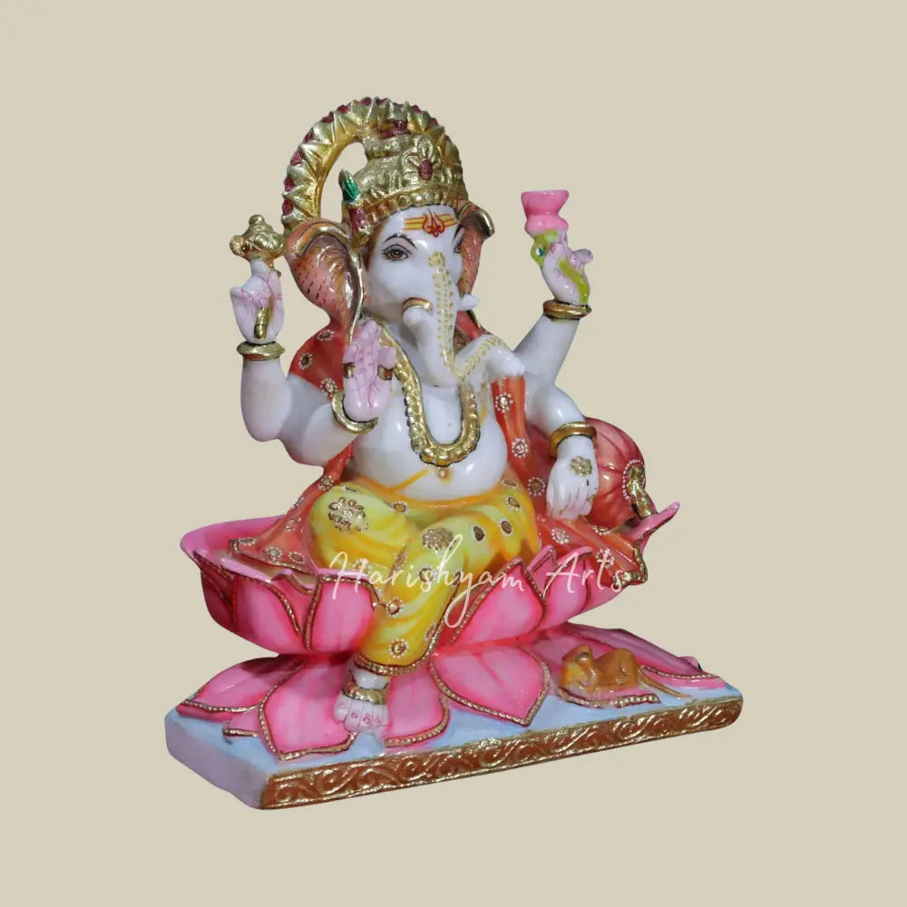 10" Decorative Ganesha With Gold Ornaments Marble Moorti