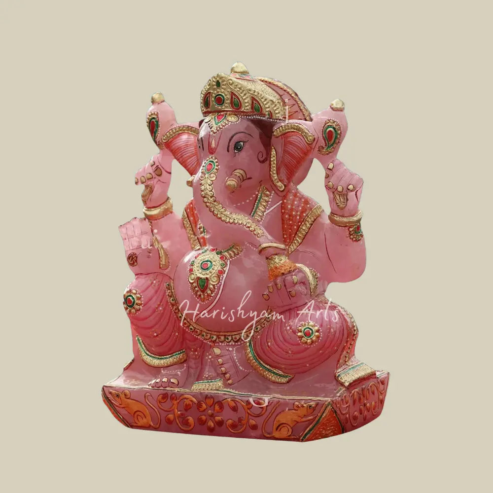 10" Ganesha Idol With Embossed Work in Pink Rose Quartz