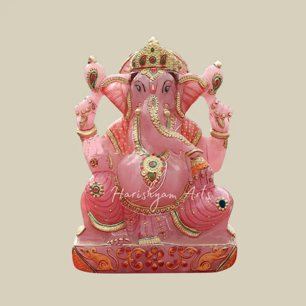 10" Ganesha Idol With Embossed Work in Pink Rose Quartz