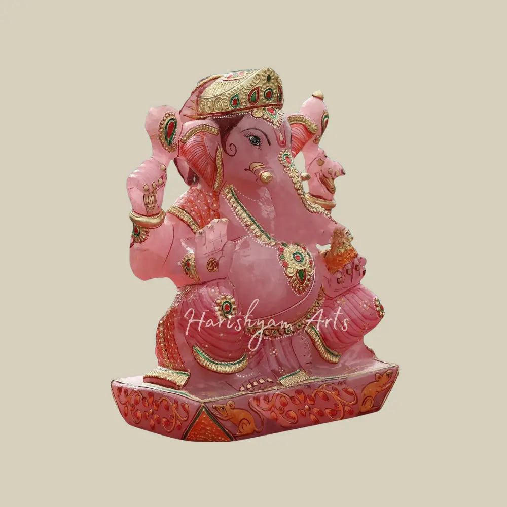 10" Ganesha Idol With Embossed Work in Pink Rose Quartz