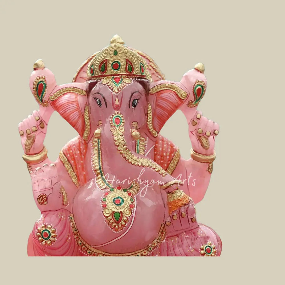 10" Ganesha Idol With Embossed Work in Pink Rose Quartz