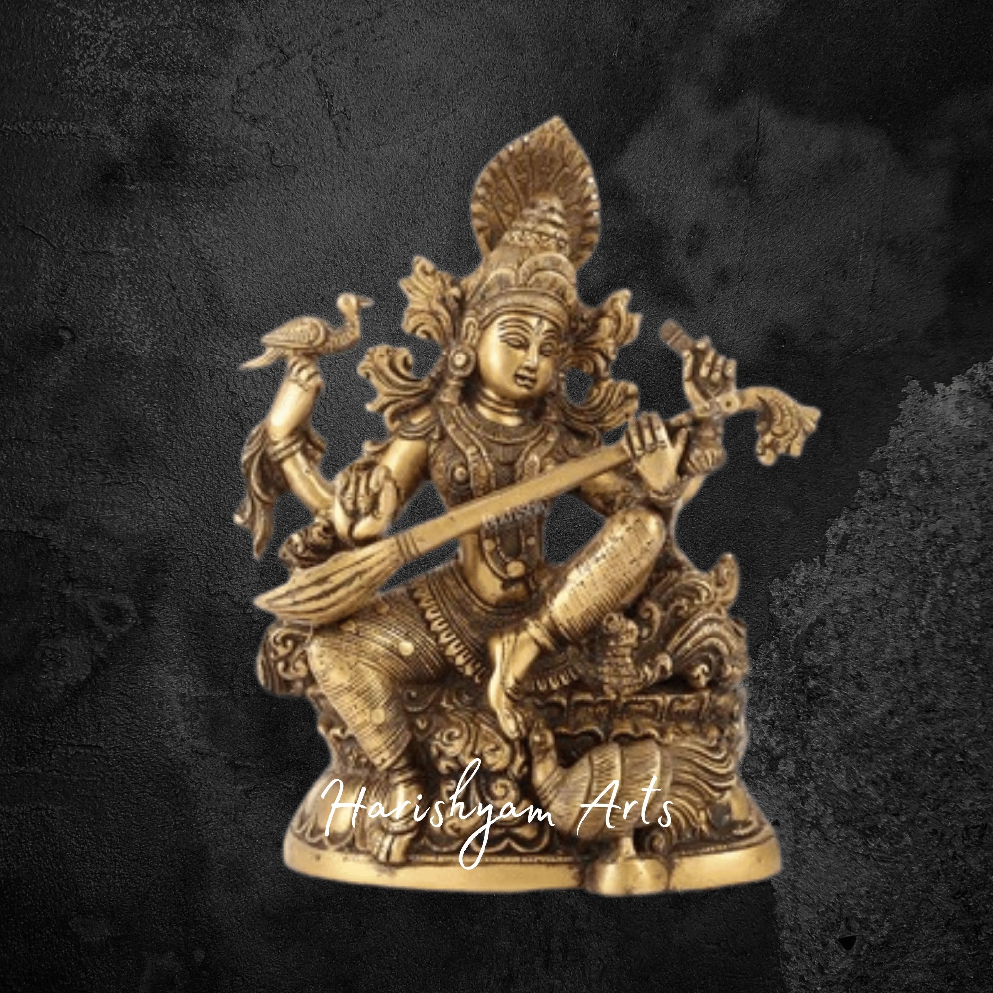 11" Antique Finish Saraswati Brass Idol with Traditional Carving
