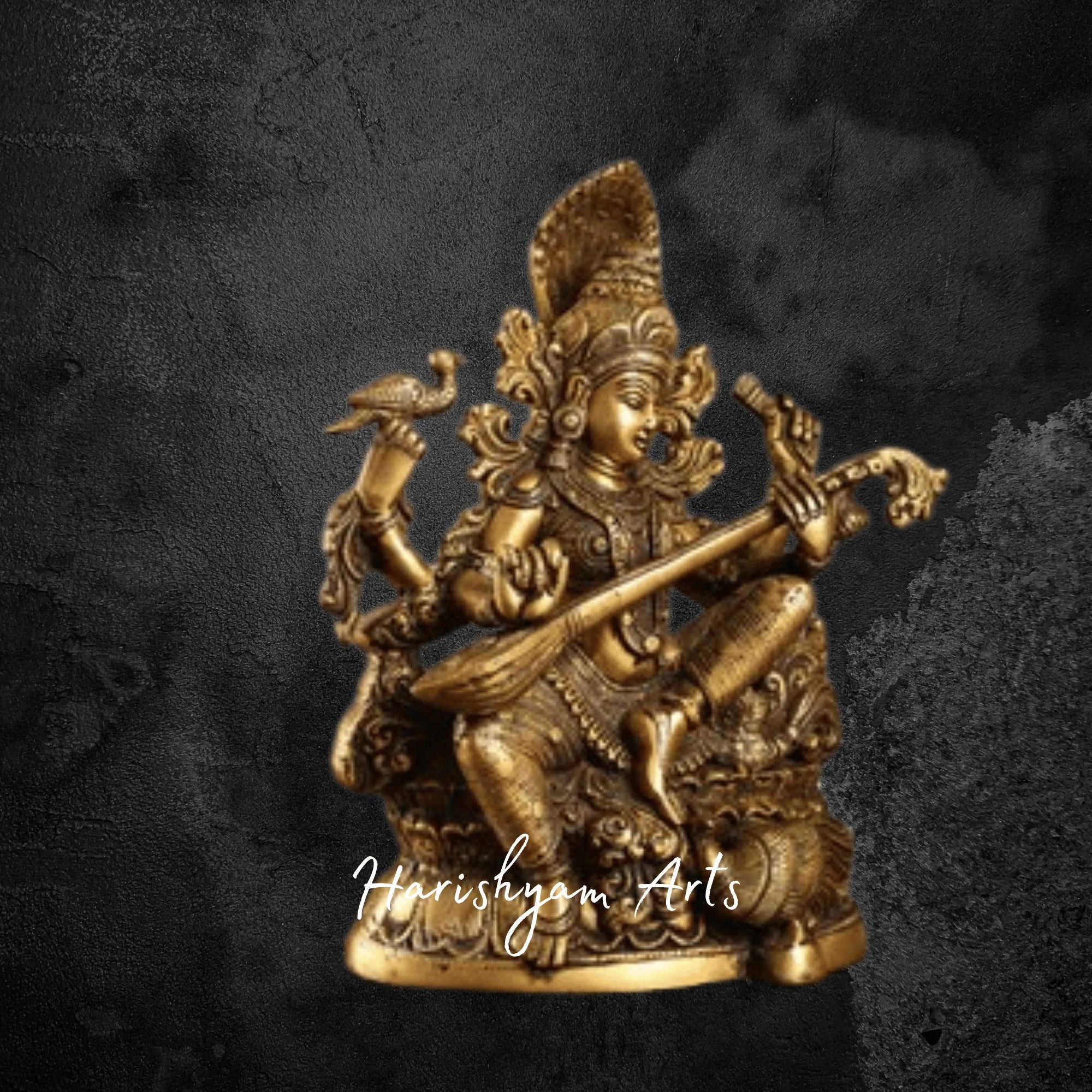 11" Antique Finish Saraswati Brass Idol with Traditional Carving