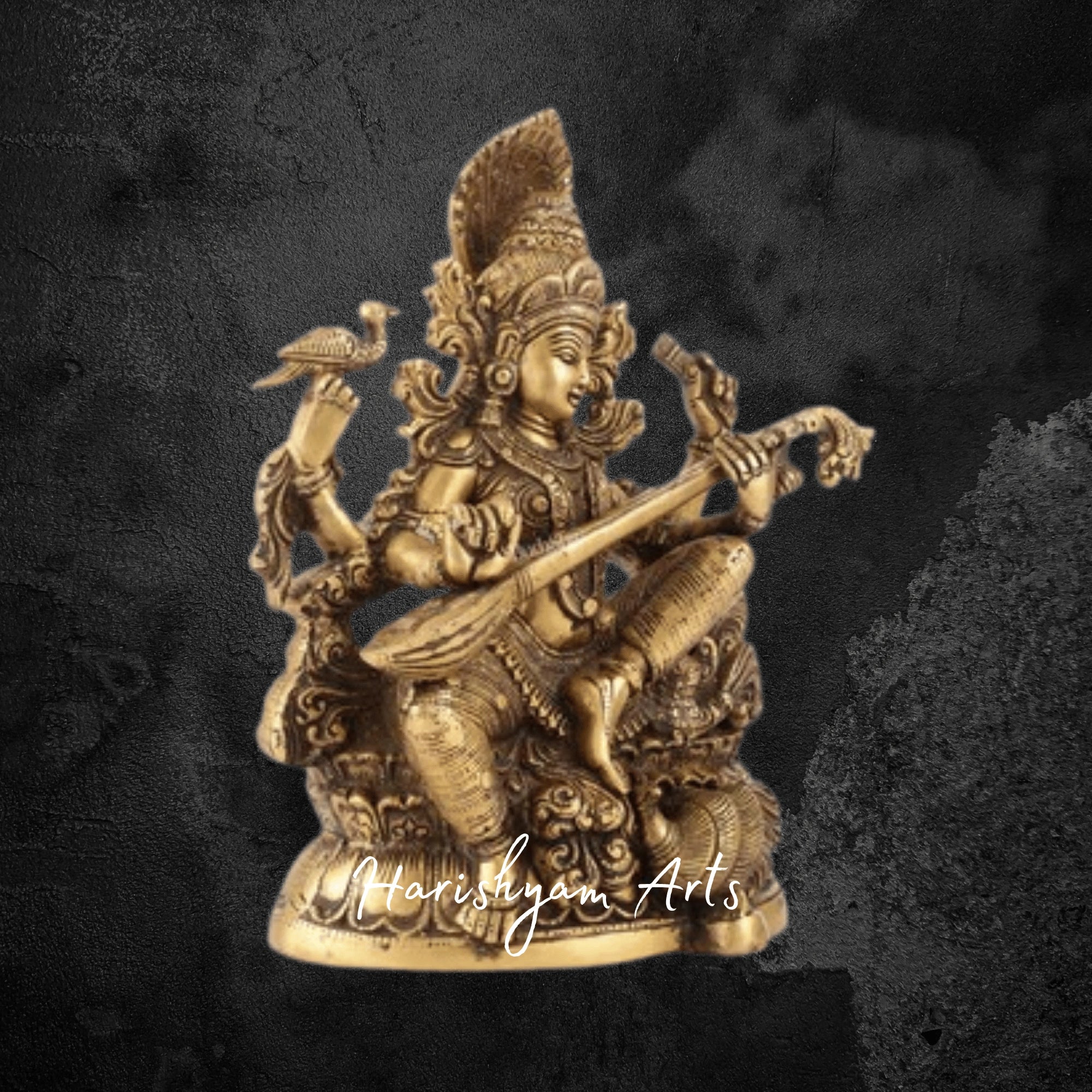 11" Antique Finish Saraswati Brass Idol with Traditional Carving