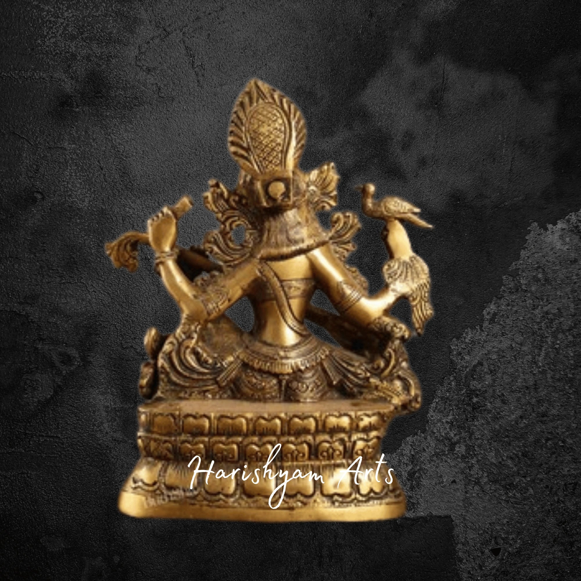 11" Antique Finish Saraswati Brass Idol with Traditional Carving