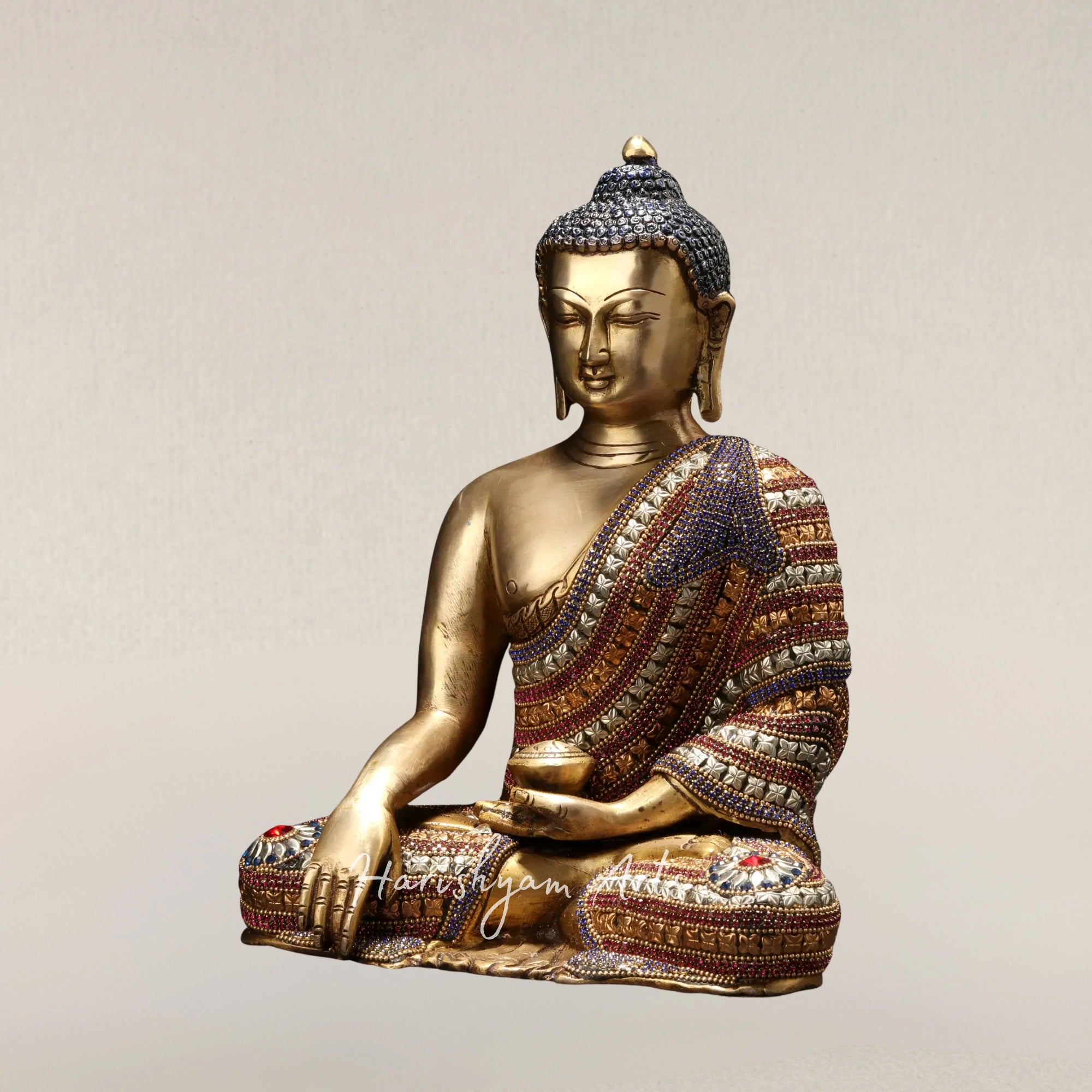 11" Bhumisparsha Shakyamuni Buddha Brass Idol with Beautiful Stone Studded Robe