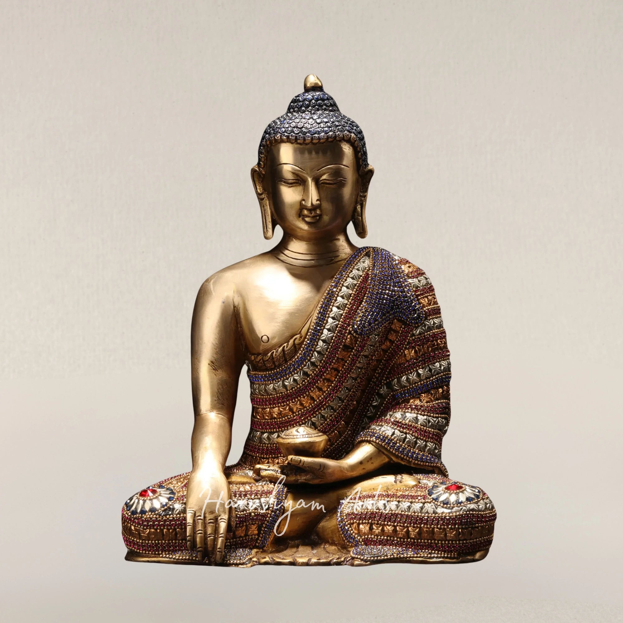 11" Bhumisparsha Shakyamuni Buddha Brass Idol with Beautiful Stone Studded Robe