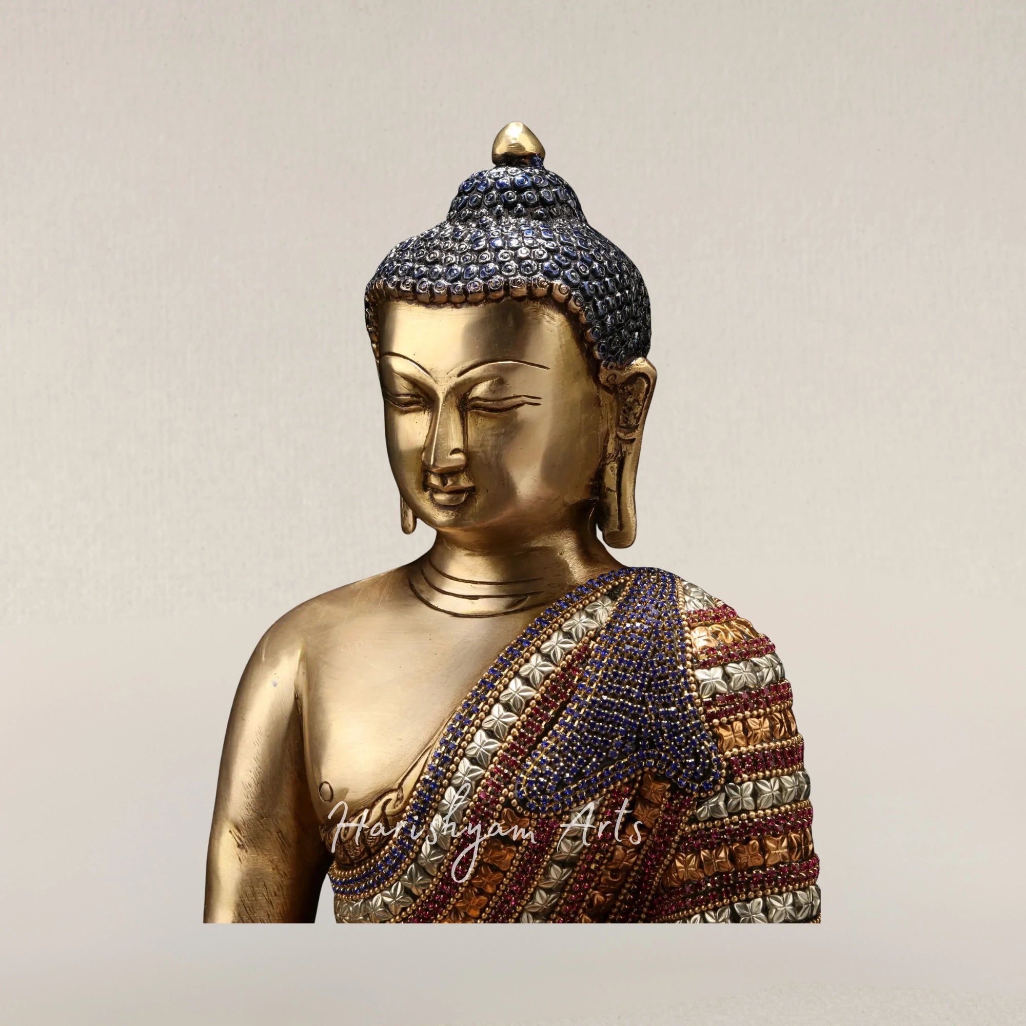 11" Bhumisparsha Shakyamuni Buddha Brass Idol with Beautiful Stone Studded Robe