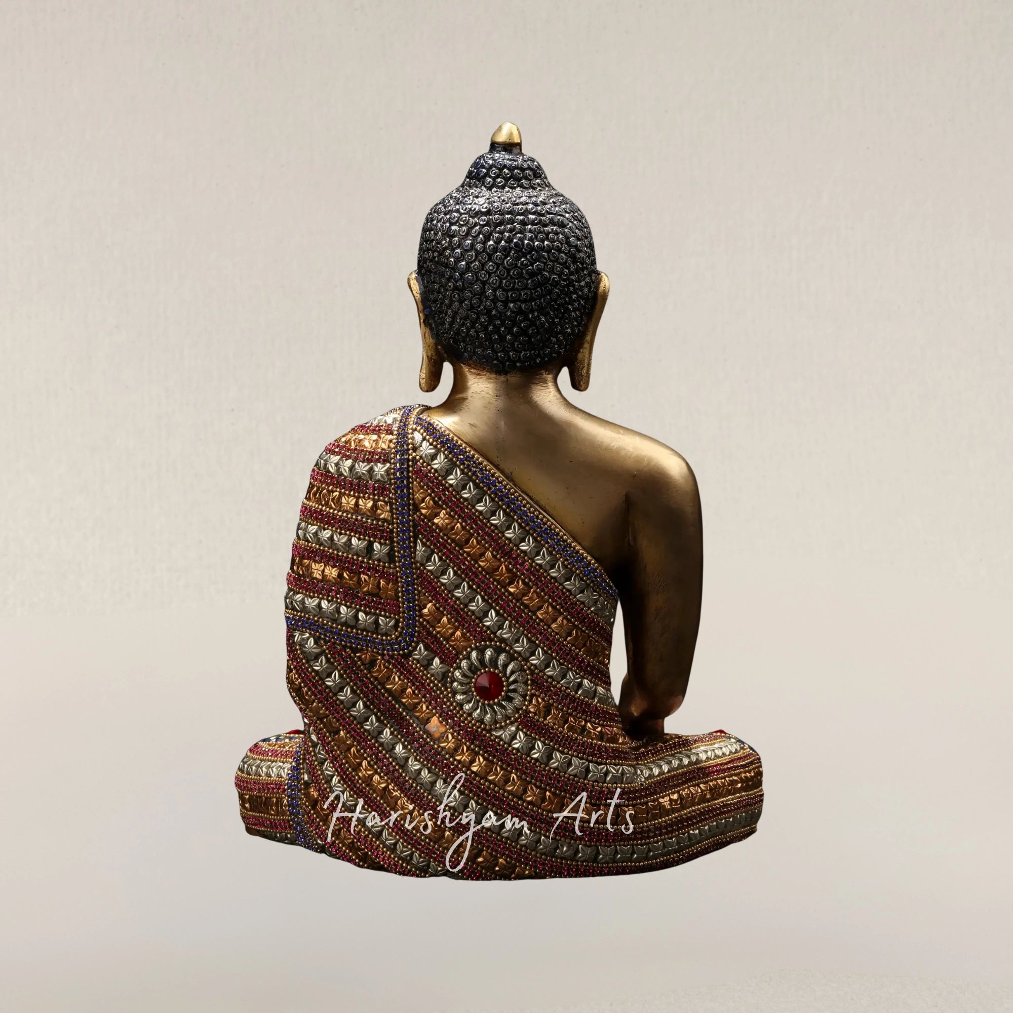 11" Bhumisparsha Shakyamuni Buddha Brass Idol with Beautiful Stone Studded Robe