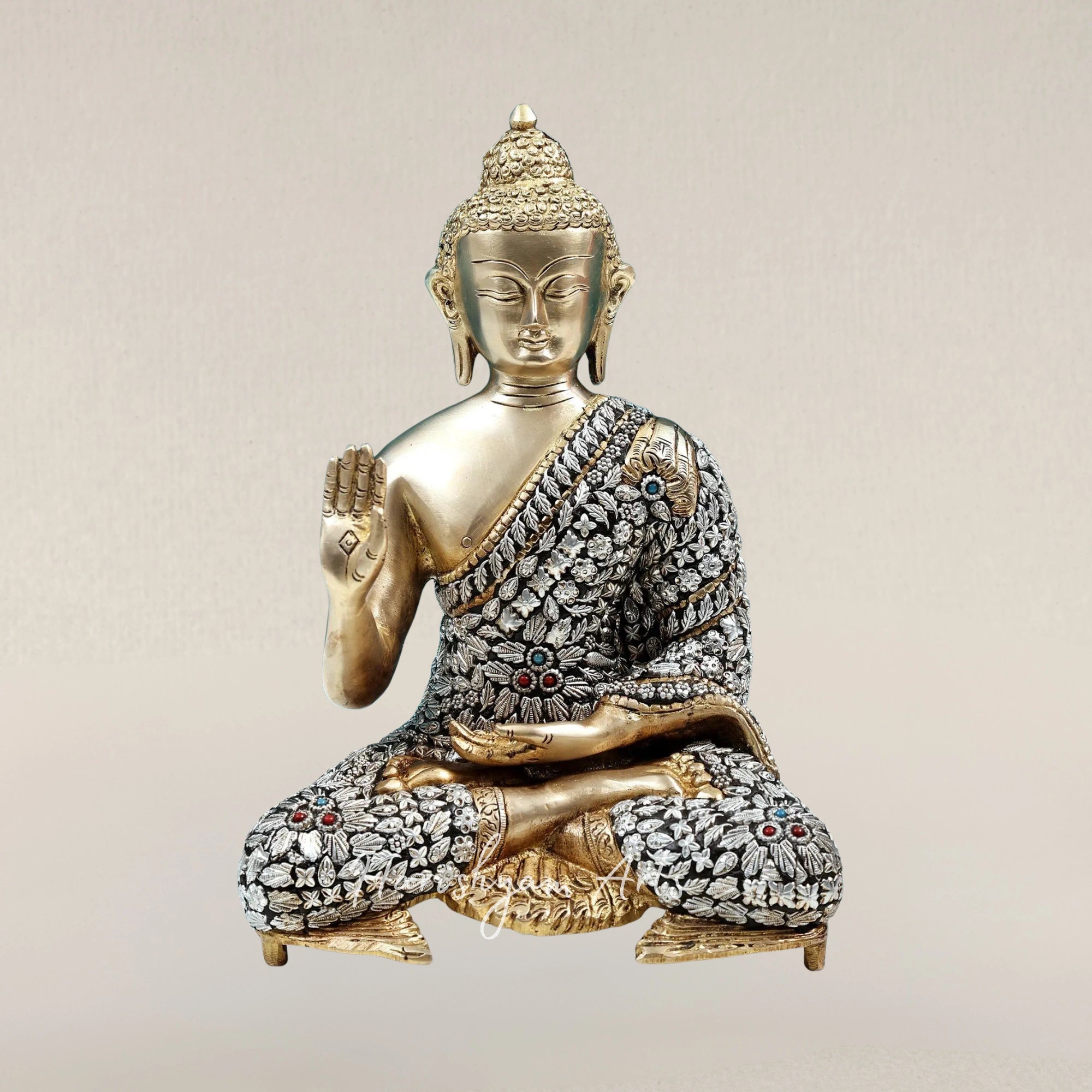 11" Blessing Buddha Brass Statue with Abhaya Mudra for Home Decor