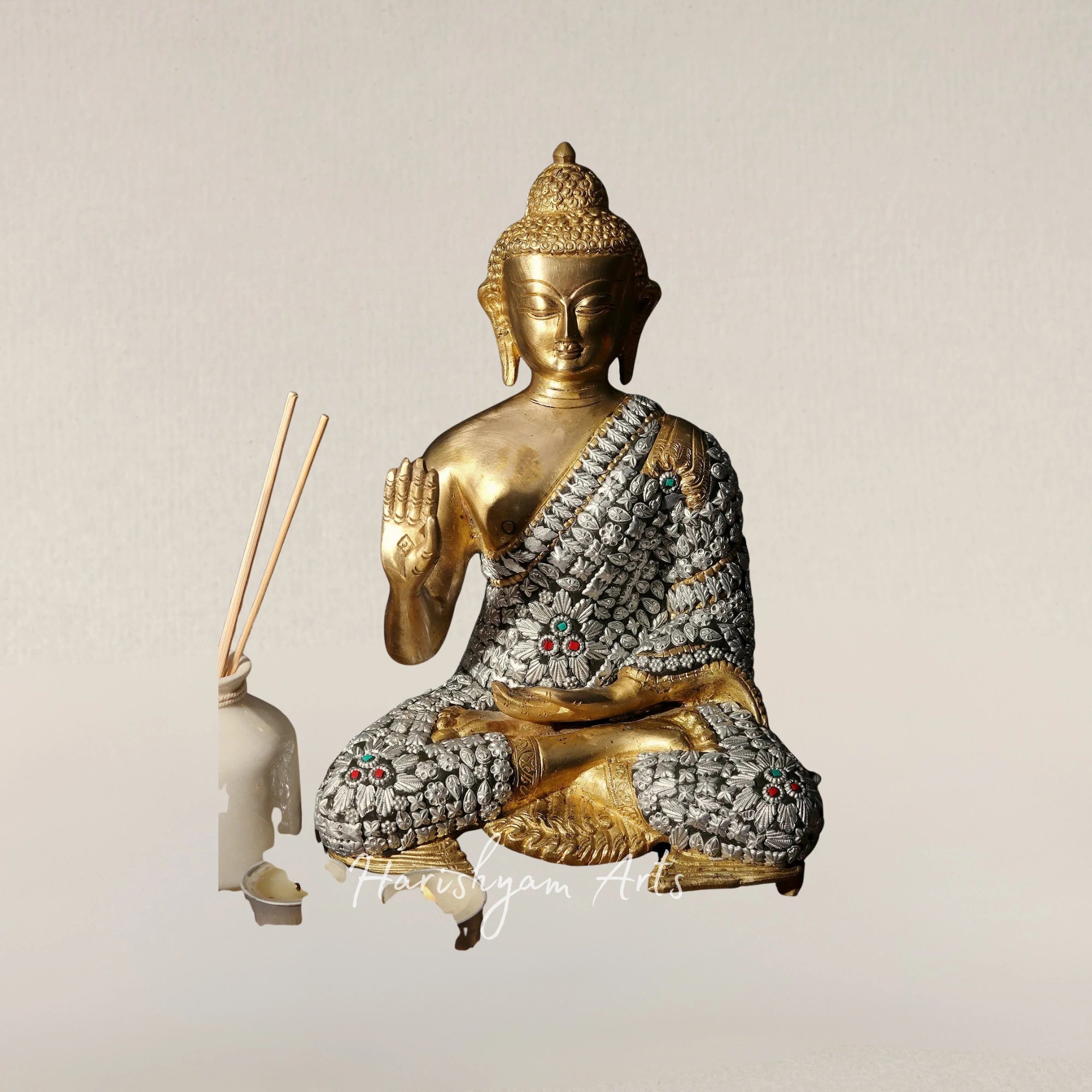 11" Blessing Buddha Brass Statue with Abhaya Mudra for Home Decor