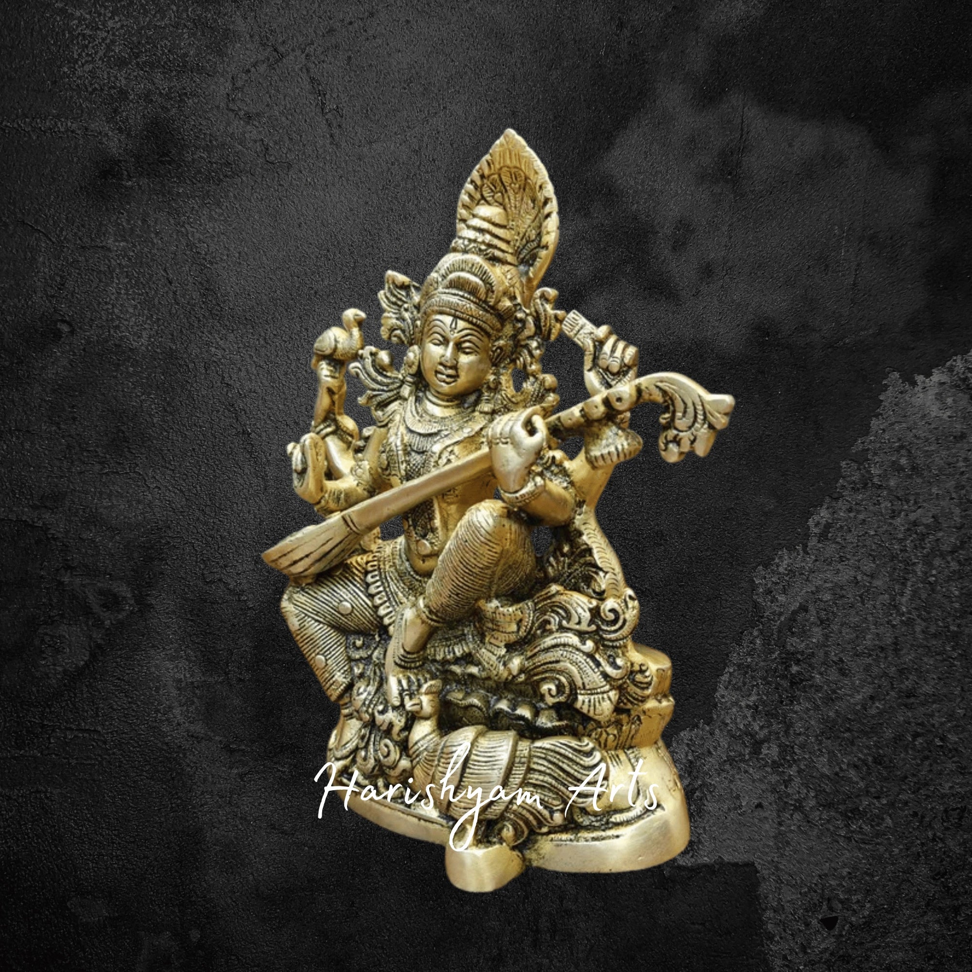 11" Brass Idol of Saraswati Mata Playing Veena for Study Room and Worship