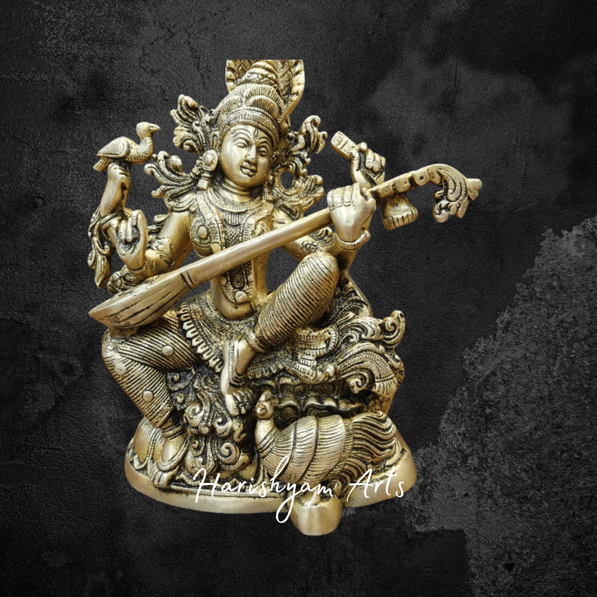 11" Brass Idol of Saraswati Mata Playing Veena for Study Room and Worship