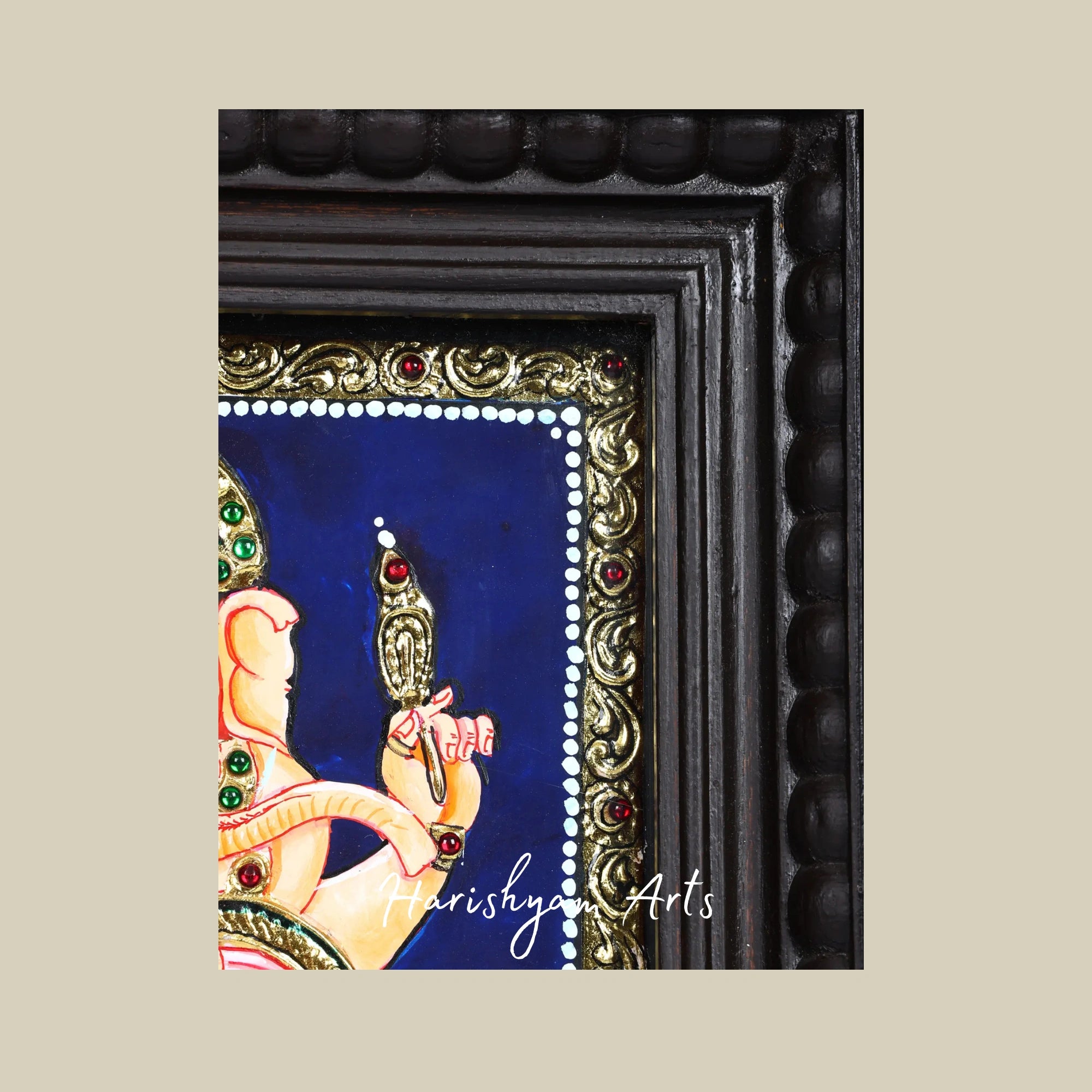 11" Chaturbhuja Lord Ganesha Tanjore Painting with 24K Gold Work and Elegant Frame3