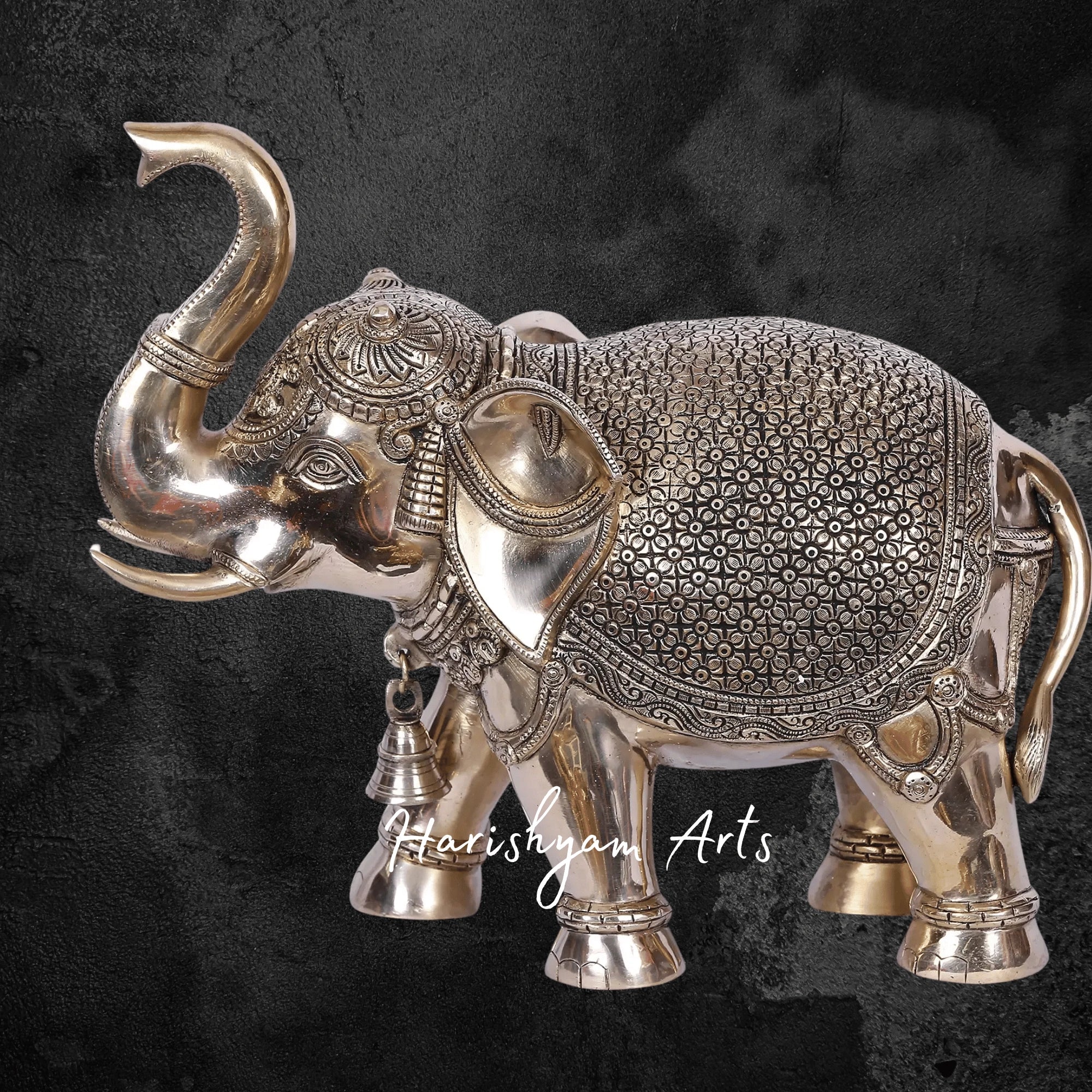 11" Gold Plated Brass Elephant with Raised Trunk and Intricate Detailing