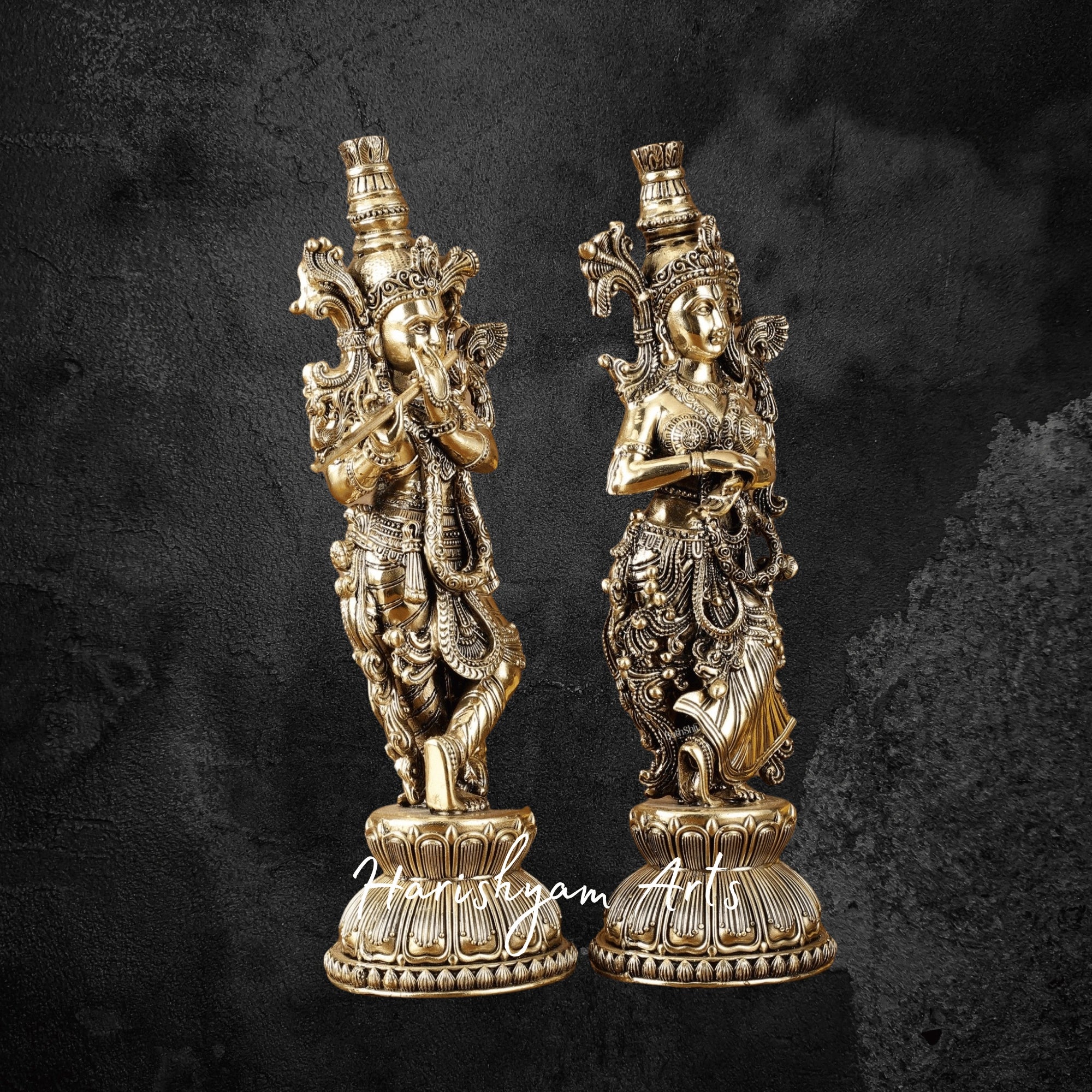 11" Intricately Carved Pure Brass Radha Krishna Sculpture for Temple Use