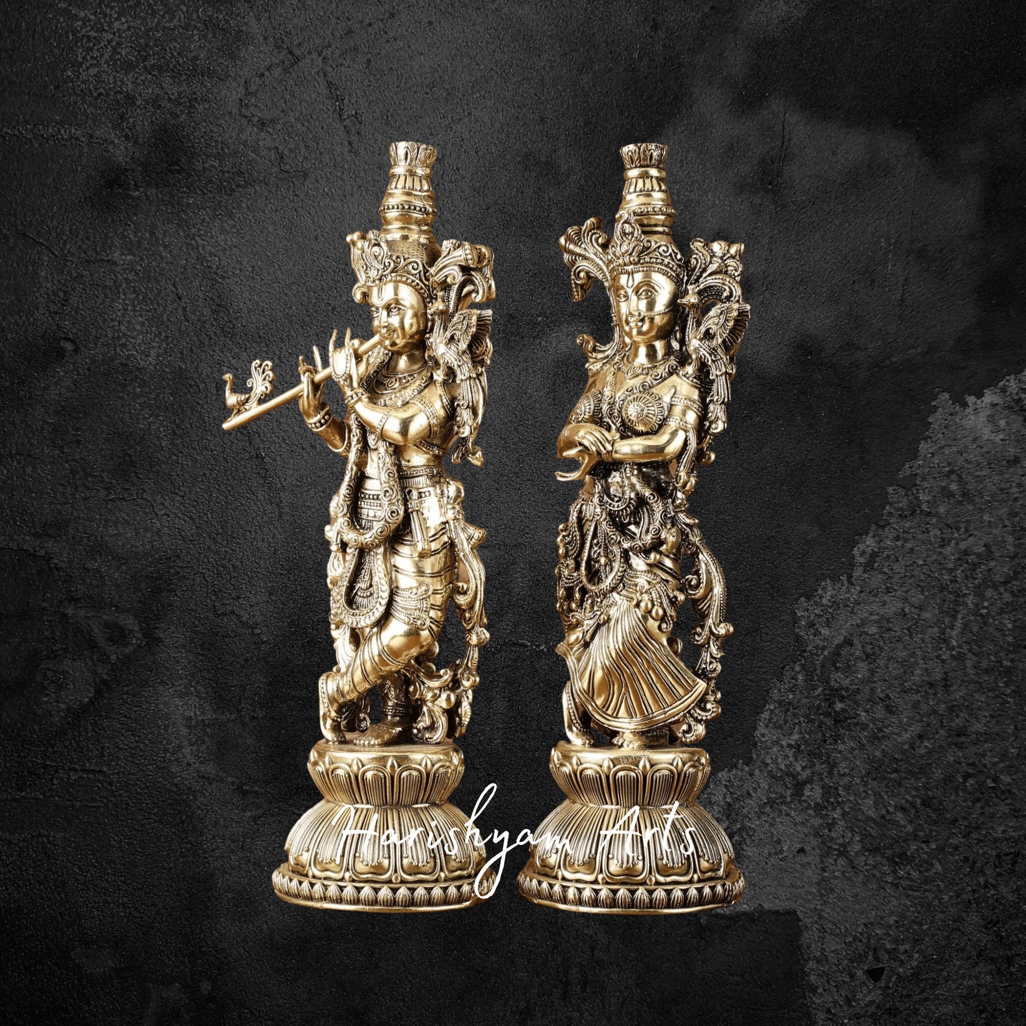 11" Intricately Carved Pure Brass Radha Krishna Sculpture for Temple Use